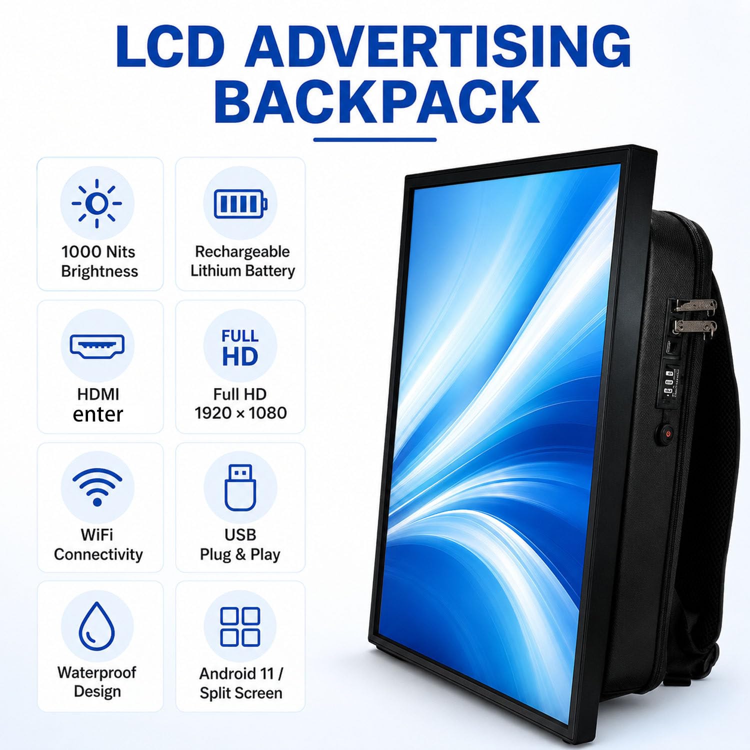 Zaino pubblicitario LCD da 21,5",sistemas operativo Android USBflashdrive | Display digitale con luminosità di 1000 nit, con app per chiavetta USB/smartphone.
