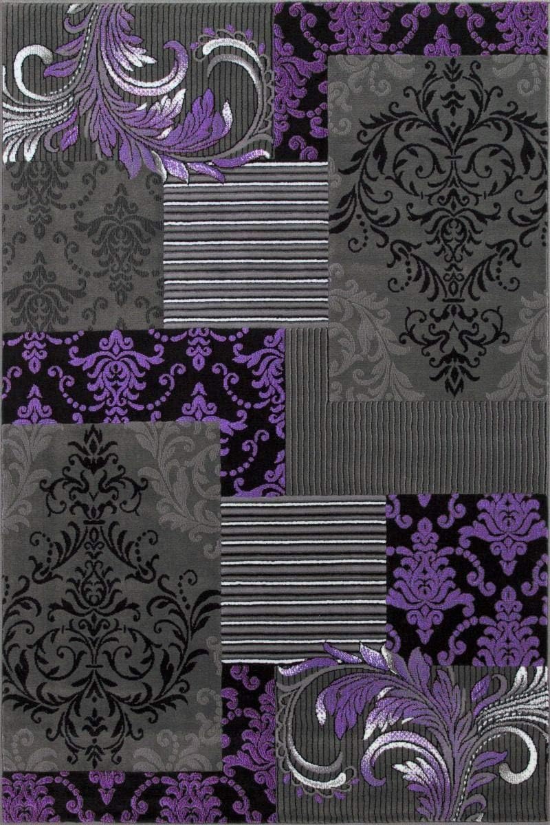 HR Premium Purple Grey Silver Black Abstract Area Rug - Modern Contemporary Floral Patchwork Geometric Design, Durable, Stylish Floor Carpet for Home Decor