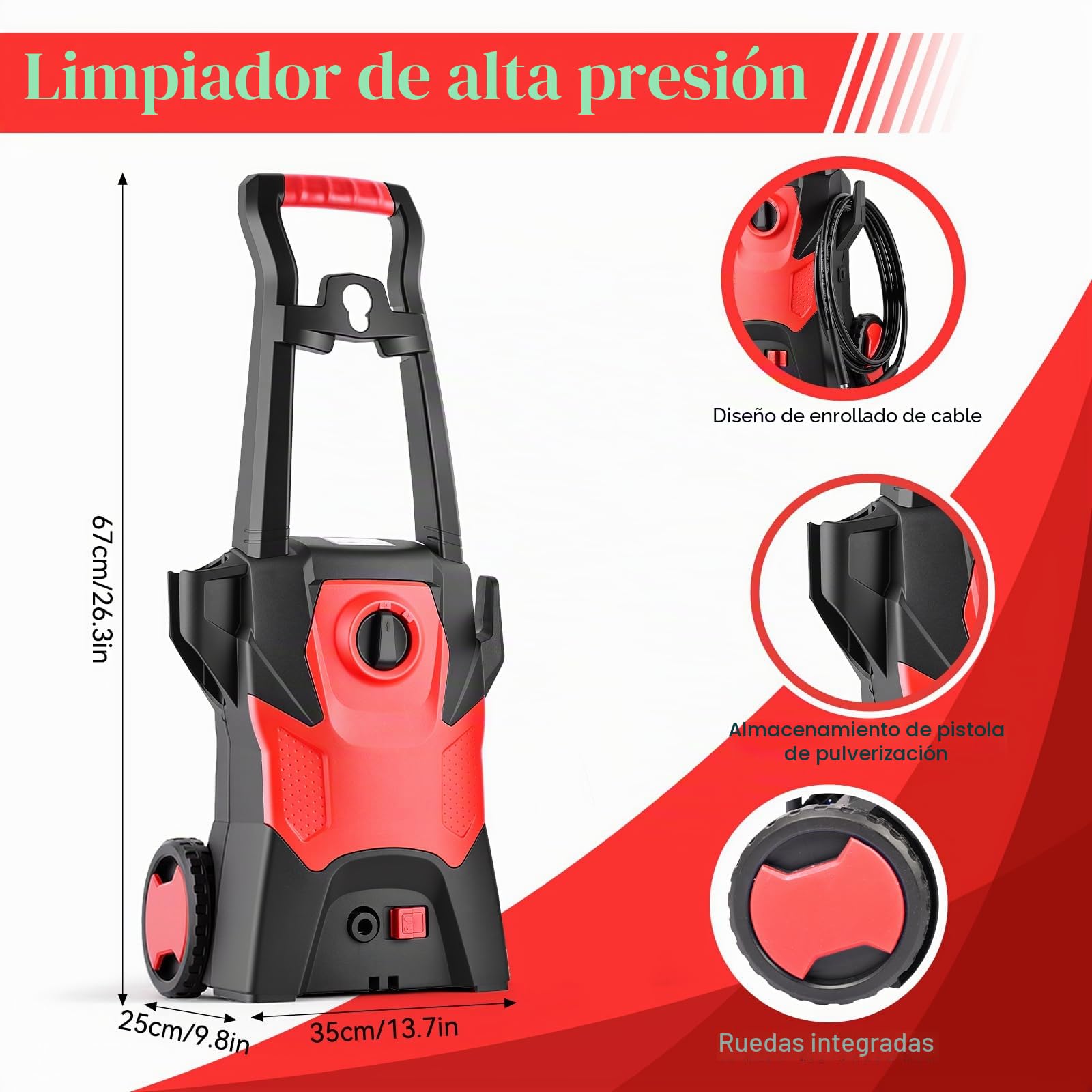 2000W Hidrolimpiadora de Alta Presion,Max150 Bar Hidrolimpiadora de Alta Presion Portátil con Cañón de Espuma y Manguera de 10M,con Estante Superior, Incluye Cepillo para Coche,