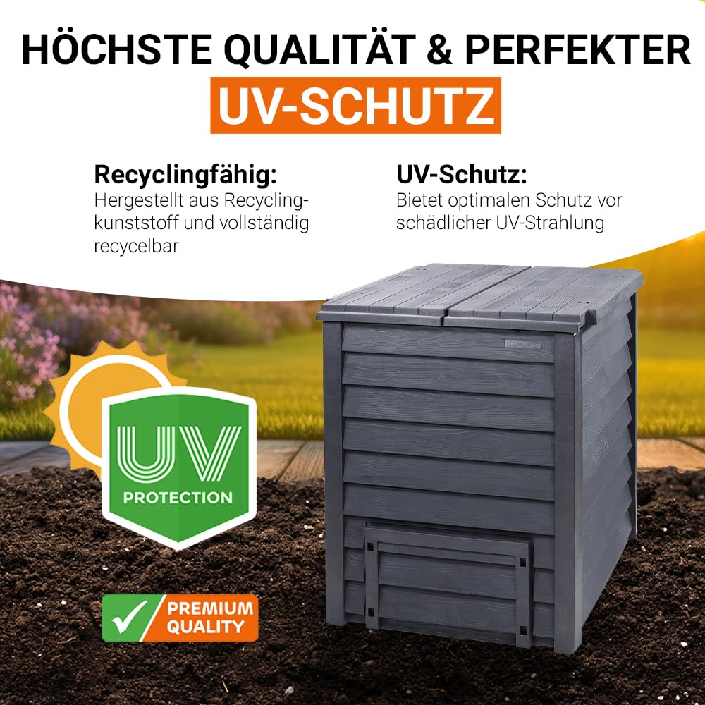 GARANTIA Thermo-Wood Komposter 600 Liter inkl. Bodengitter anthrazit-braun - mit moderner Optik für den Garten - werkzeuglos montiert und komfortabel nutzbar - aus Recyclingkunststoff samt UV-Schutz