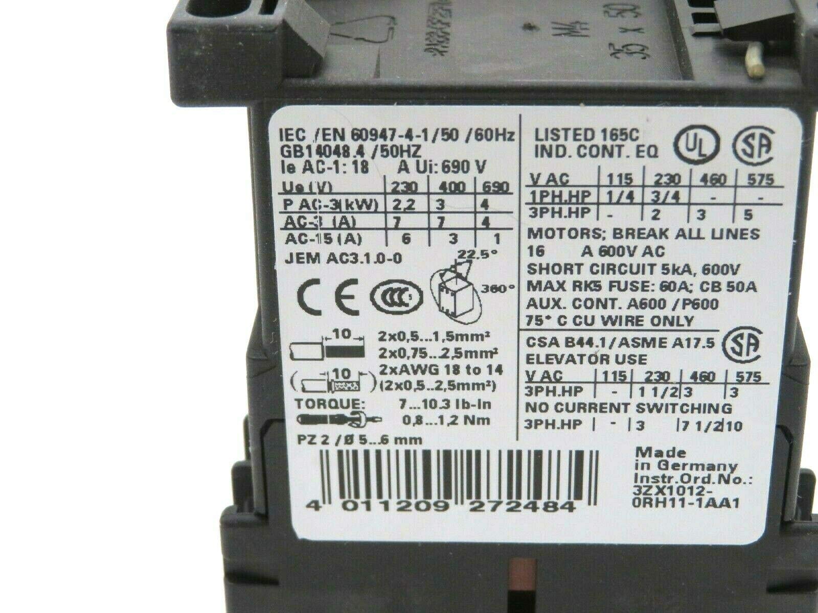 Siemens 3rt10 - Contactor -10e s00 7a 3kw 24vac