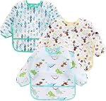 PandaEar (3 Pack) Long Sleeve Bibs| Baby Feeding Bib Smock Bibs| Baby Bibs with sleeves for Baby Infant Toddler 6-36 Months