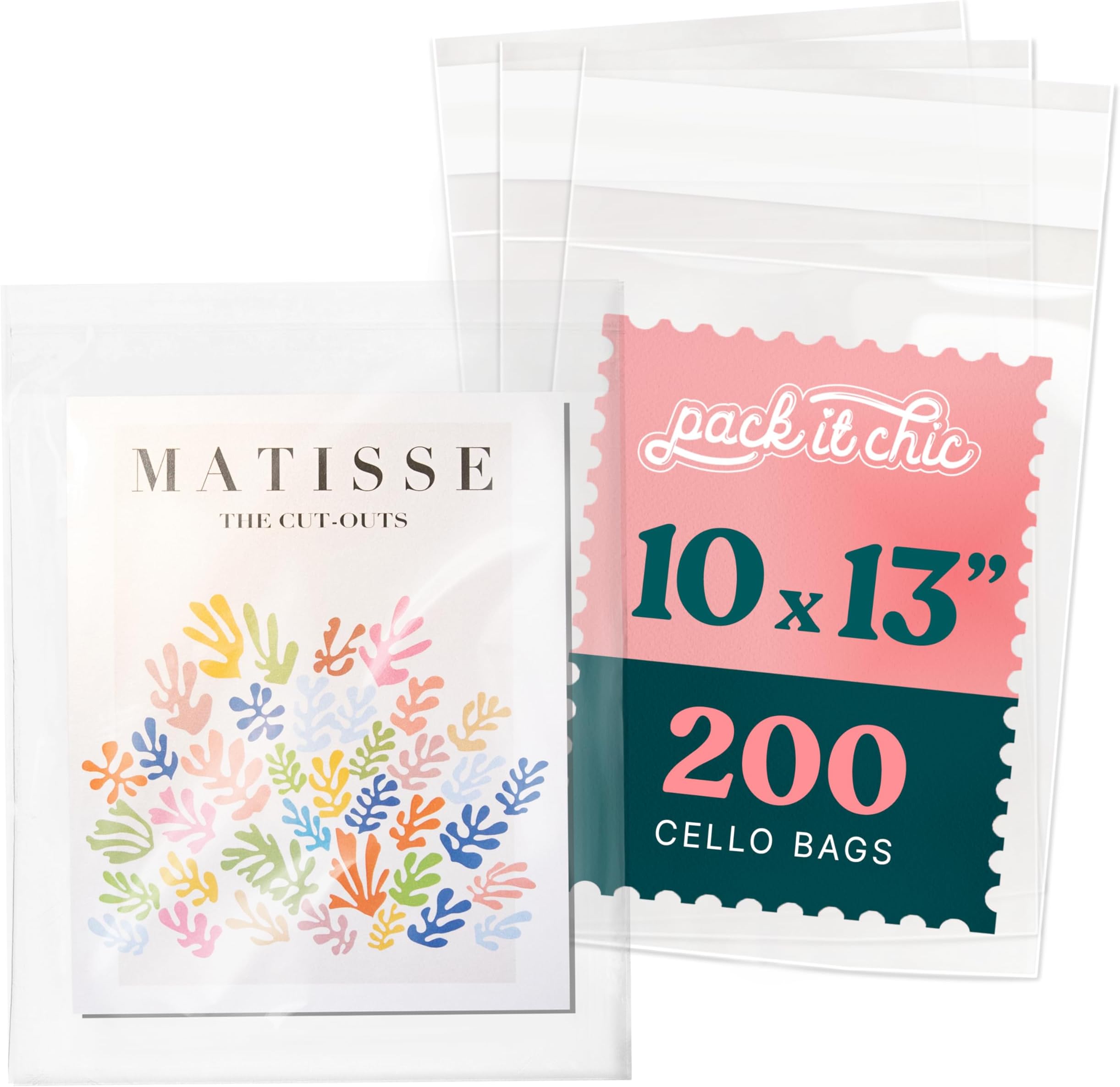 Pack It Chic - 10” X 13” Self Sealing Cellophane Bags (200 Pack) - Resealable Adhesive Clear Bags for Gifts, 10X13 Photos, Prints, Envelopes, Documents