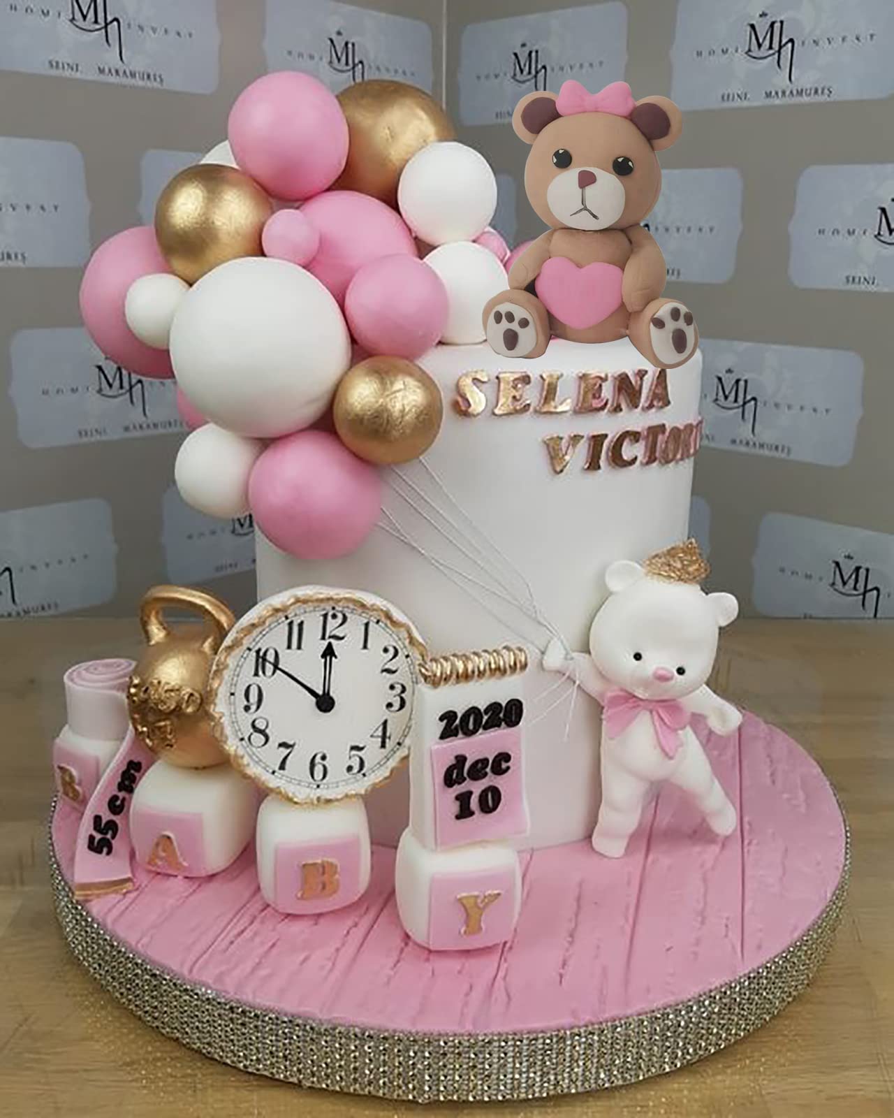 Decorazione Torta Orsetto Rosa - Topper Baby Shower - Con Palloncini - Foto 3