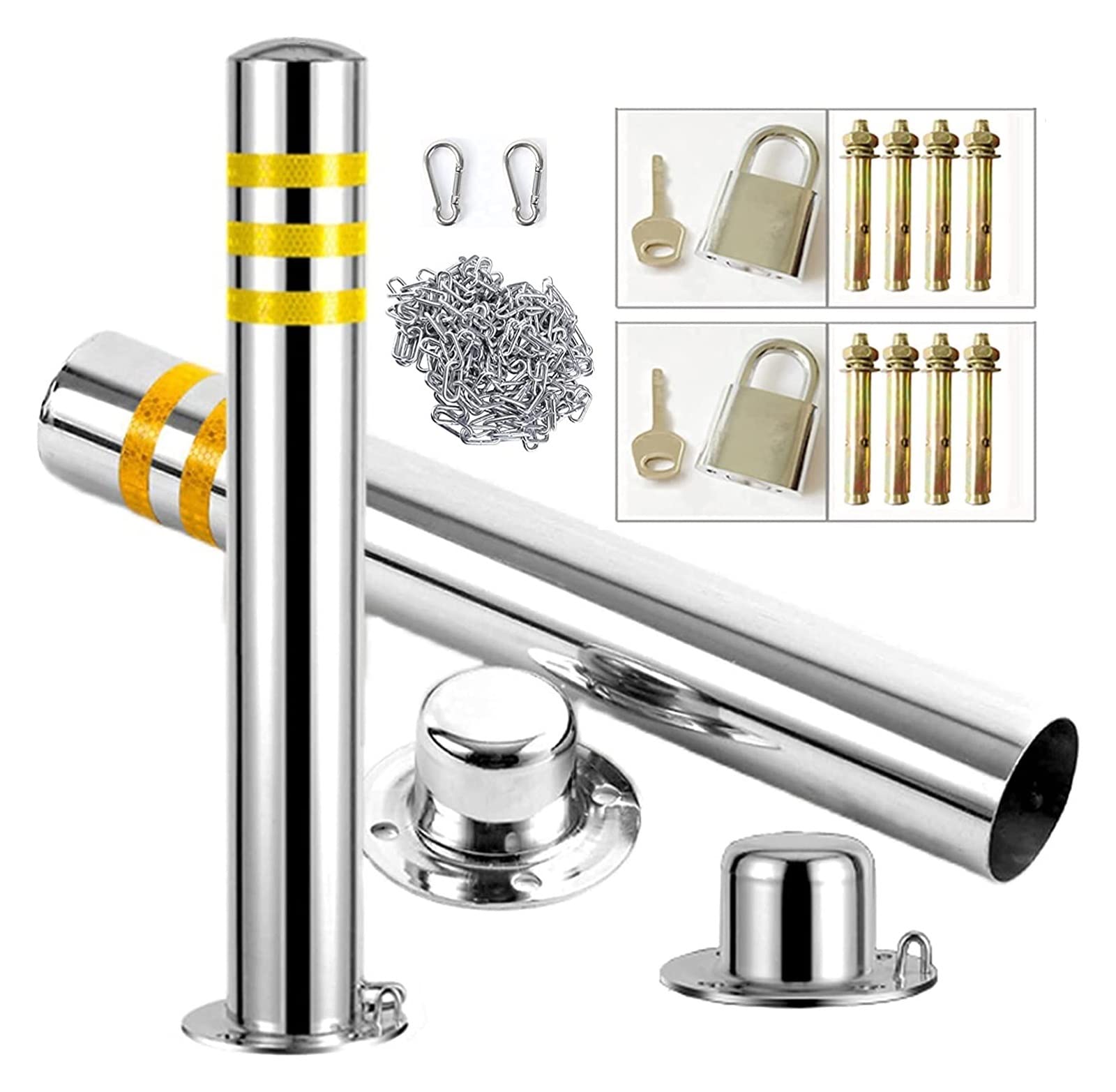 MOKLYF Parking Barrier 2 Pack Parking Barriers & 5m Iron Chain, Lane Bollards, Parking Column Block for Parking Interception (76x750mm)