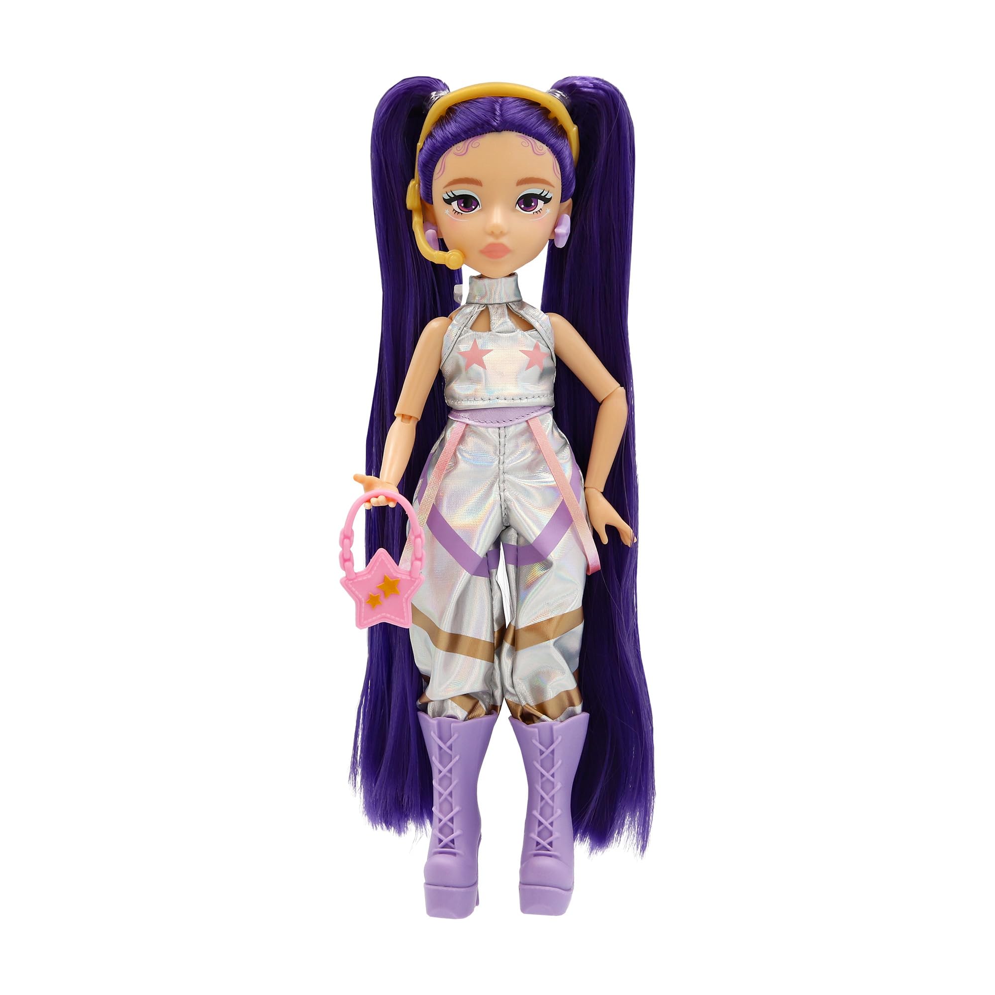 K-POP IDOL Muñeca Mina Fashion Doll Estilo K-Pop Starlight, Cabello Morado con Coletas. 3 Accesorios para Crear Outfits Optimo para Fans a Partir de 3 Años de Edad