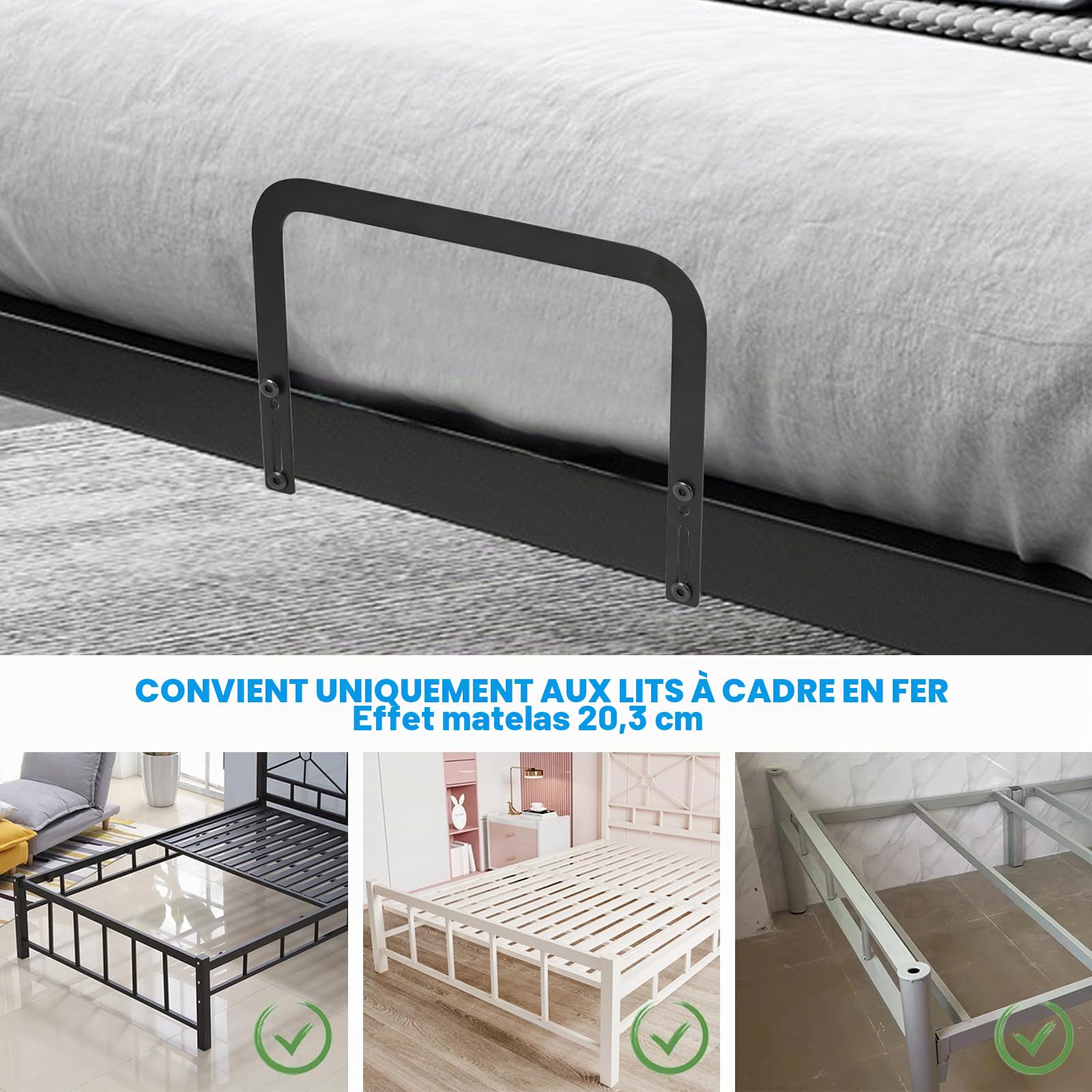 Lot de 2/4 supports de matelas, arrêts de matelas antidérapants, pour empêcher la barre d'appui de matelas, facile à installer pour cadre de lit (2, noir)