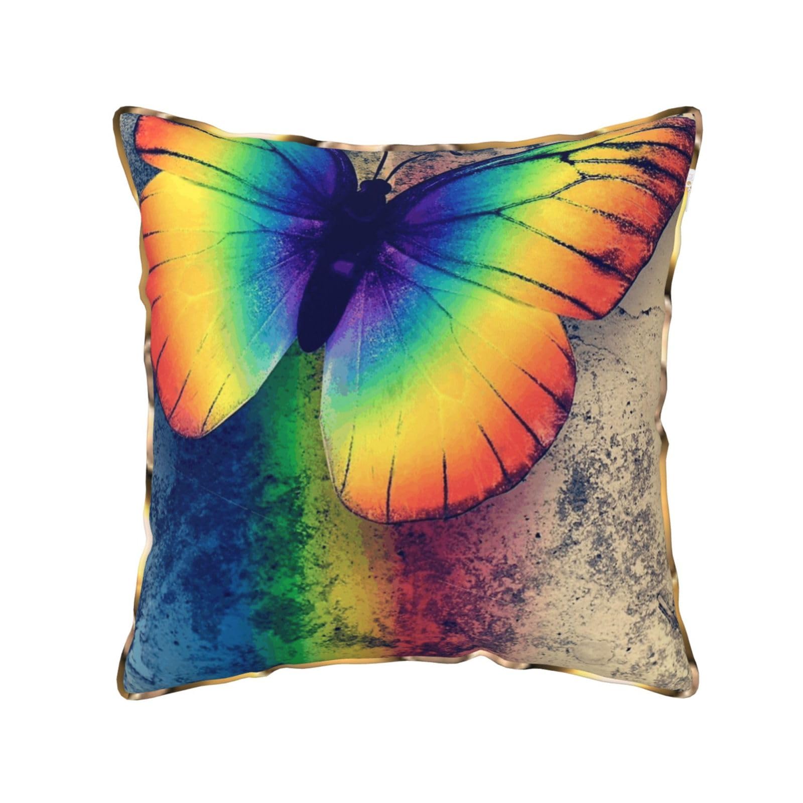 AUBKFELD Rainbow Butterfly Printed Velvet Cushion Cover 45x45 CM with Gold Edging Strip, Square Pillowcase Soft Throw Pillow Covers Case Decorative for Living Room Sofa Couch Bed Bench