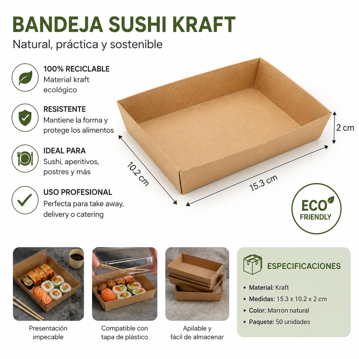 PacknWood Bandeja Sushi Kraft con Tapa Transparente, 50 Uds