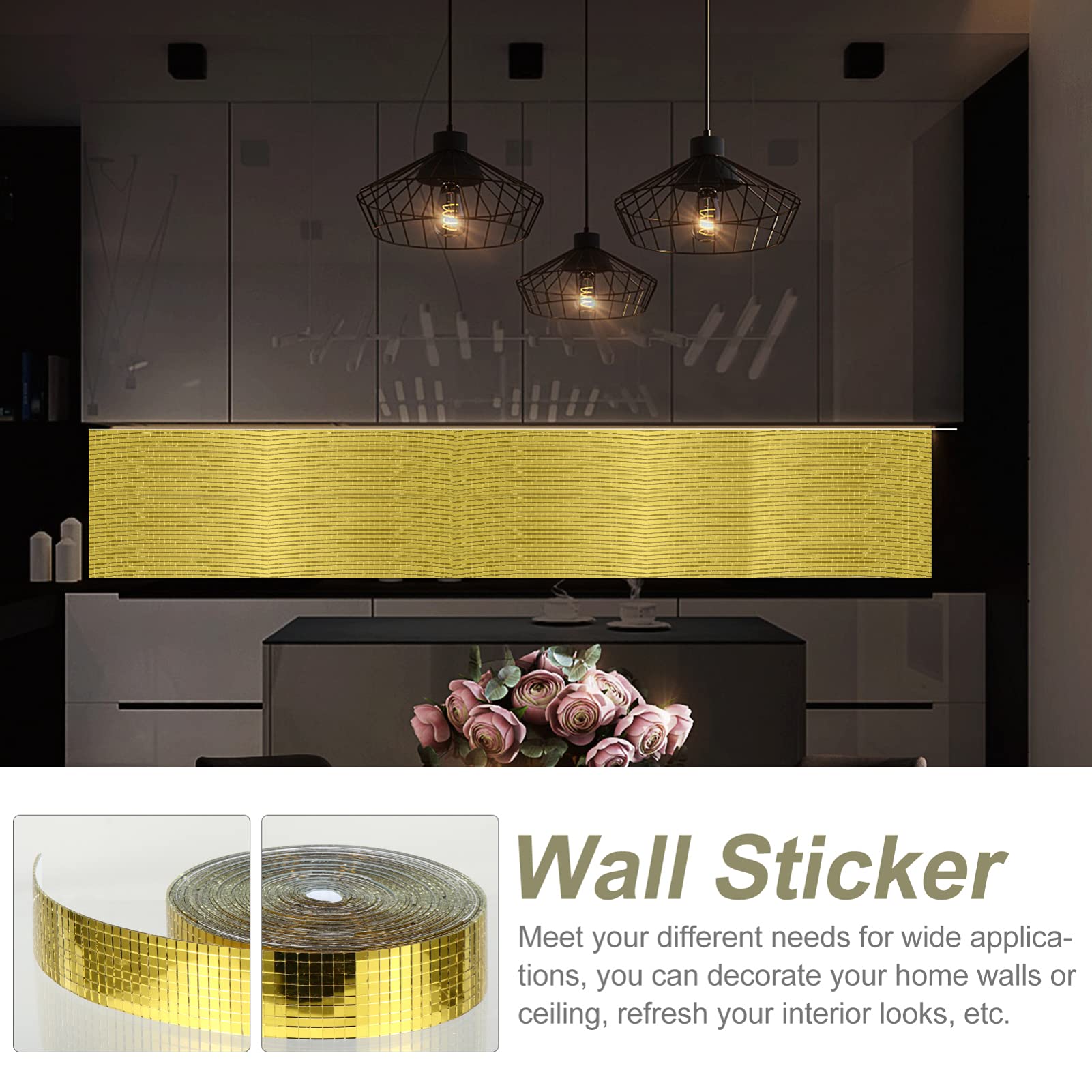 Artibetter 1 Rotolo Adesivi Murali a Mosaico Specchi Decorativi Fai Da Te, Tessere Di Mosaico Carta Da Parati Dorata Mosaico Di Specchi Di Vetro Lastra Di Vetro 3d Impermeabile Fibra Di Vetro