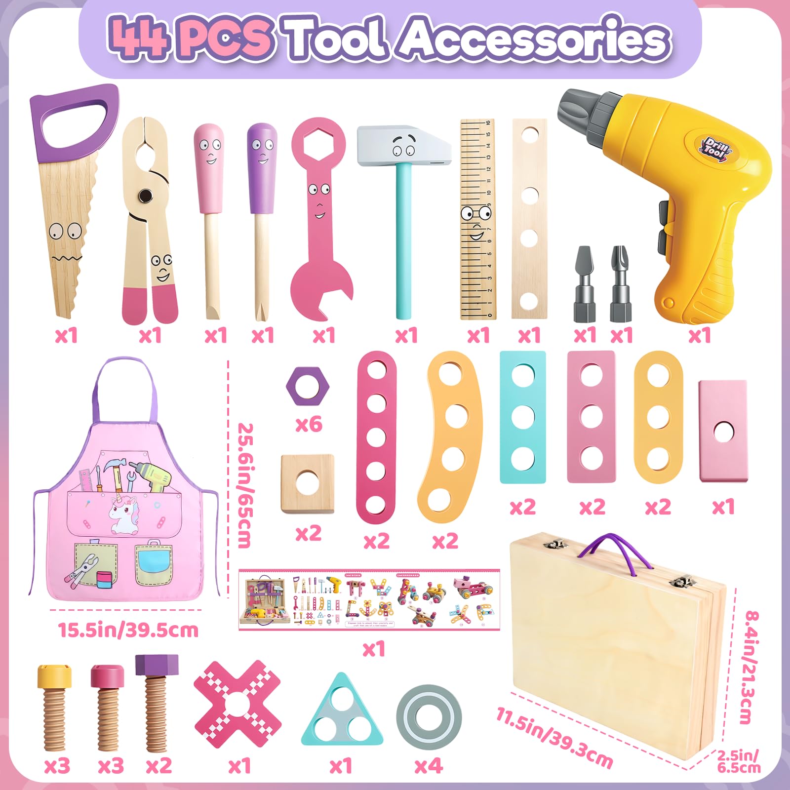 Giochi Bambini 3 Anni, Cassetta Attrezzi Bambini Rosa con 44 pezzi Giochi Bambina Bambino 3 4 Anni Giocattolo Educativi Montessori con Trapano Elettrico e Grembiule Regalo Bambina Bambino 3 4 5 Anni