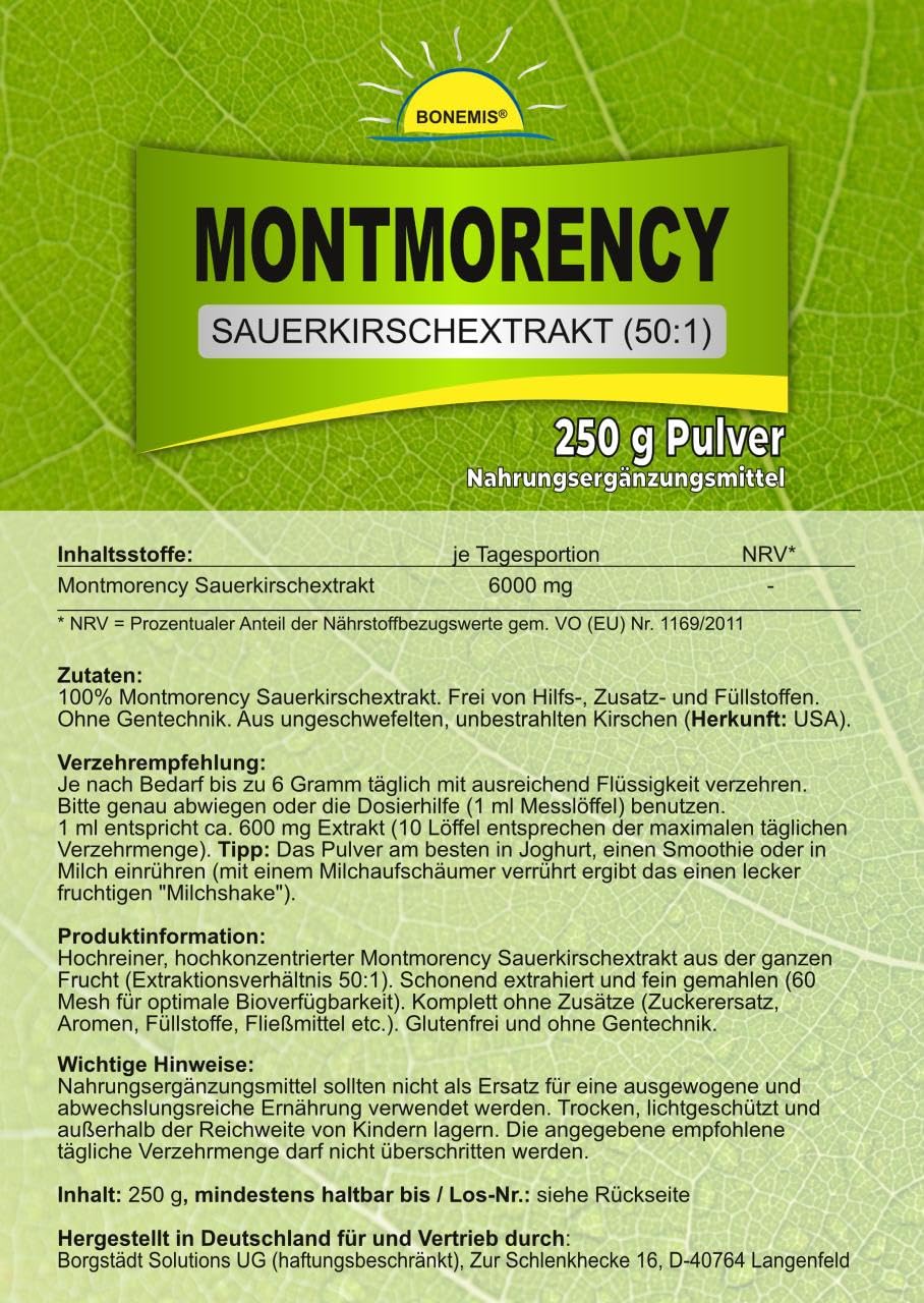 Montmorency Sauerkirschextrakt (50:1 hochdosiert), ohne Zusätze, 250 g veganes Pulver im Standbodenbeutel aus Kraftpapier (aluminiumfrei!), Bonemis®