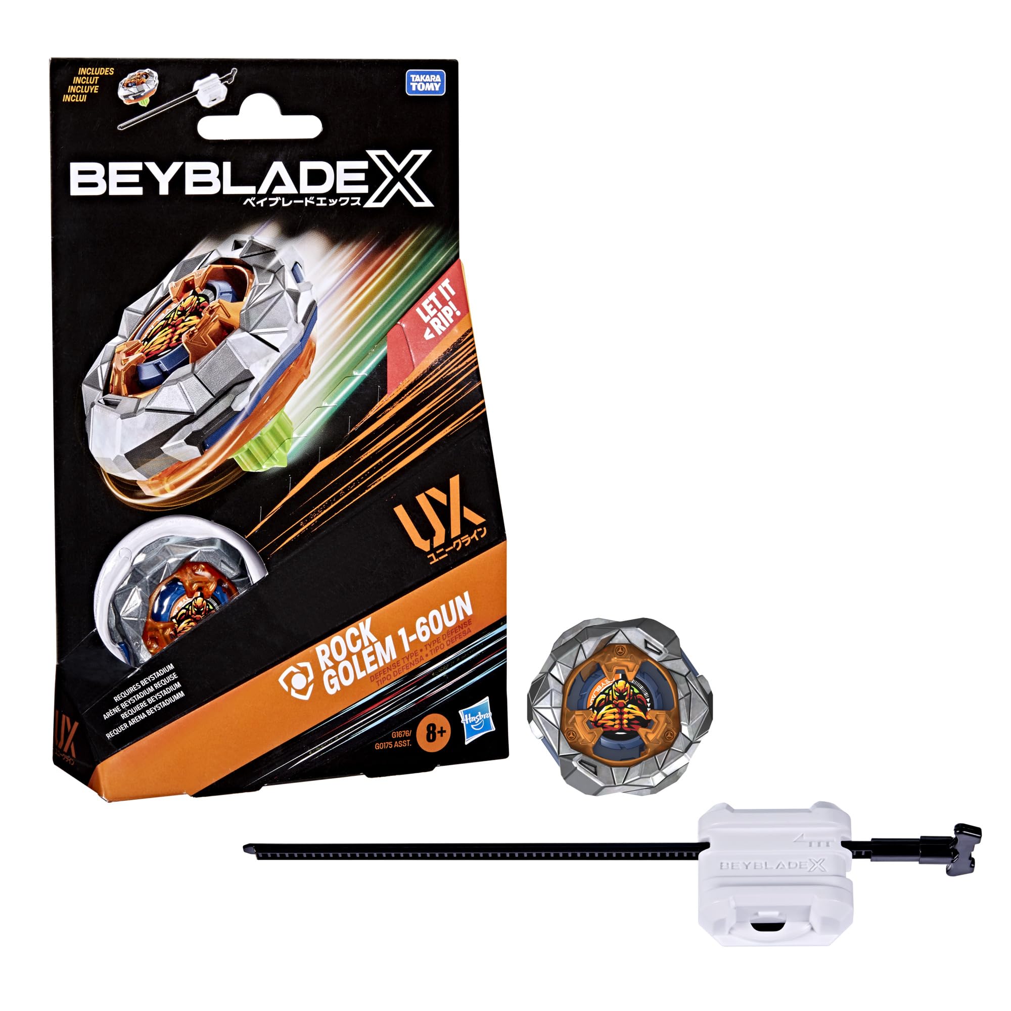 Hasbro Beyblade X, Set Starter Pack Rock Golem 1-60UN UX con Trottola e Lanciatore