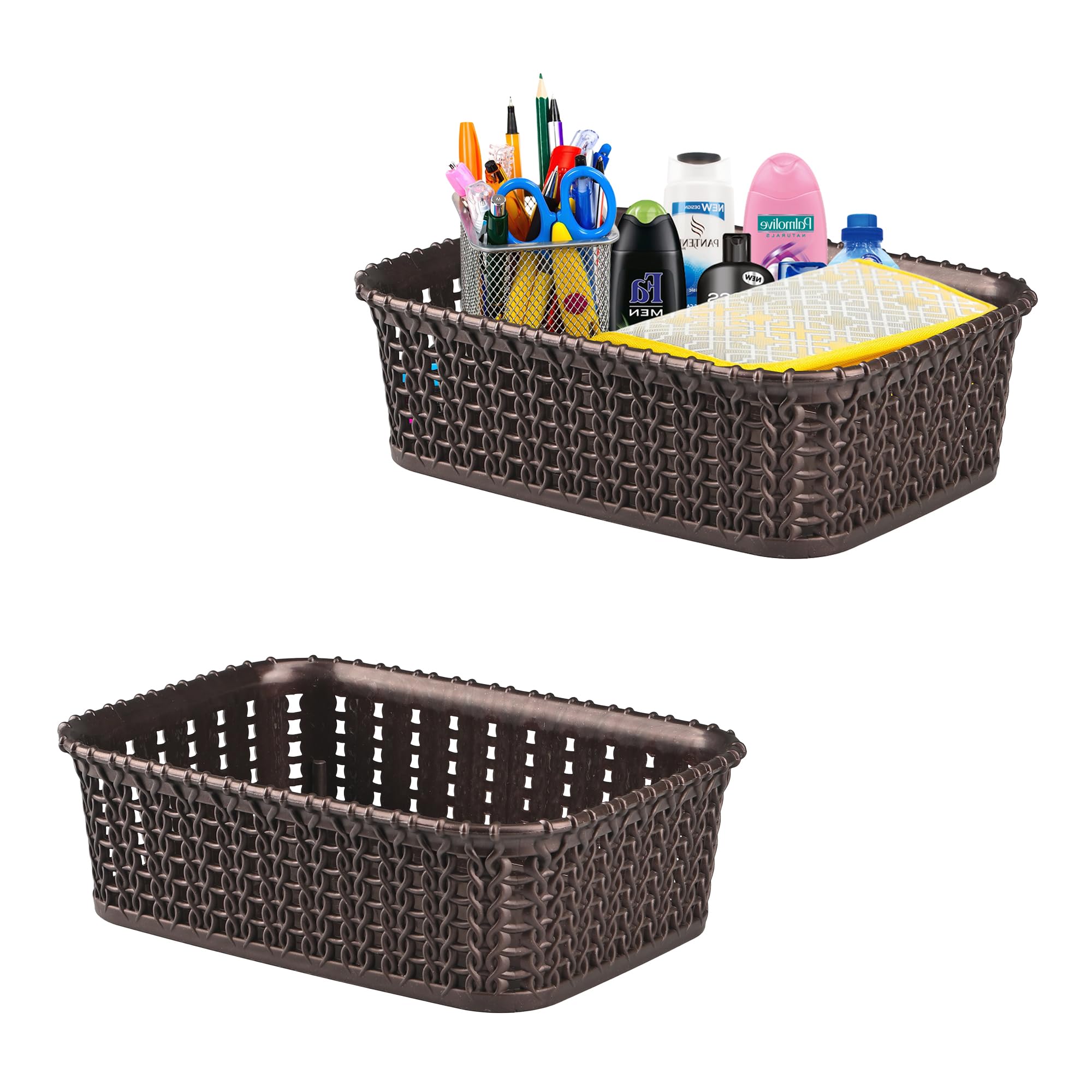 Kuber Industries Pack of 2 Small Multi-Purpose Plastic Basket for Storage M15 | Spacious Stationary & Jewellery Holder | Home Organizers for Kitchen, Bedroom & Dining Table | Brown-image-5