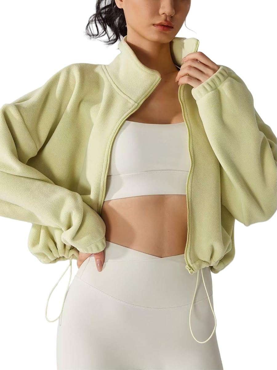 Womens Fleece Short Jacket Long Sleeve Full Zip Stand Collar Sherpa Crop Coat