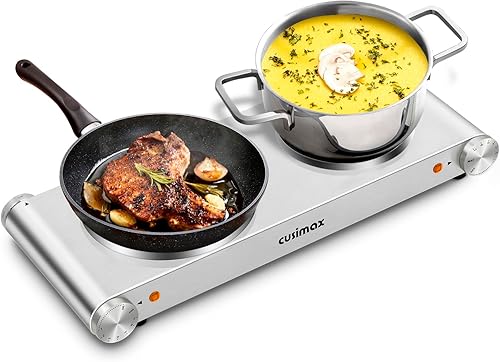 CUSIMAX Doble quemador, placas eléctricas para cocinar, placa caliente doble de 1800 W, estufa eléctrica portátil, quemadores de encimera con placas