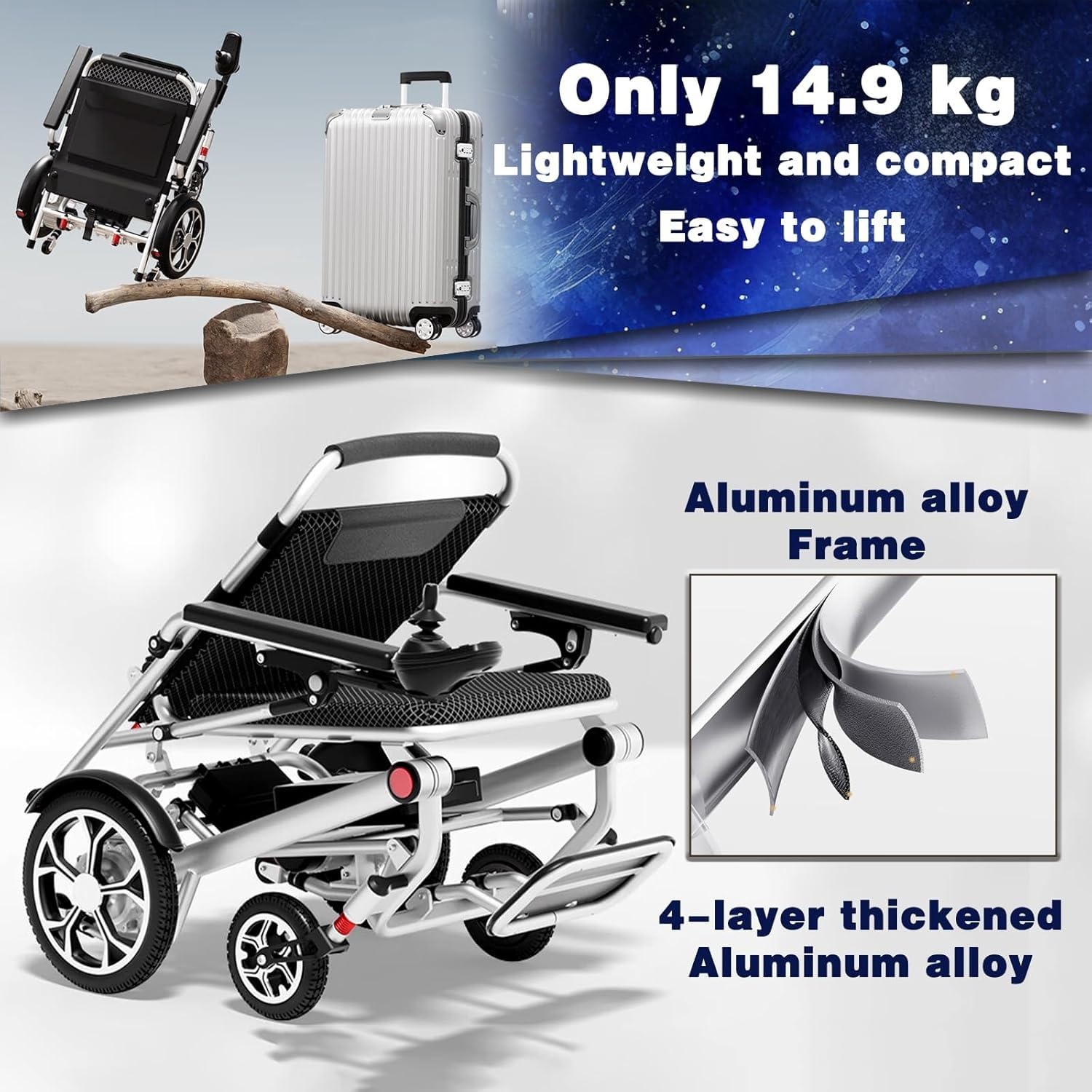 Sedia A Rotelle Elettrica Leggera con Telecomando,capacità Carico 150 kg,Sedia A Rotelle Elettrica Pieghevole Ultraleggera 14,9 kg,Sedia A Rotelle Elettrica Pieghevole per La Casa 30A