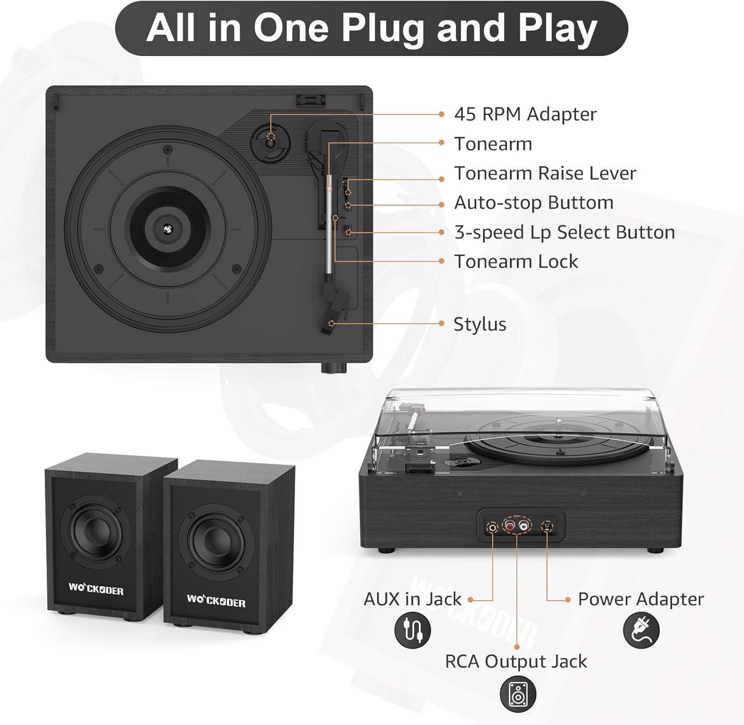 Record Player with Passive Bookshelf Speakers Belt-Drive Vintage Turntable for Vinyl Records External Dual Stereo Speakers LP Players 3 Speed Wireless AUX Headphone Input Auto Stop Retro Black Wooden - Image 3