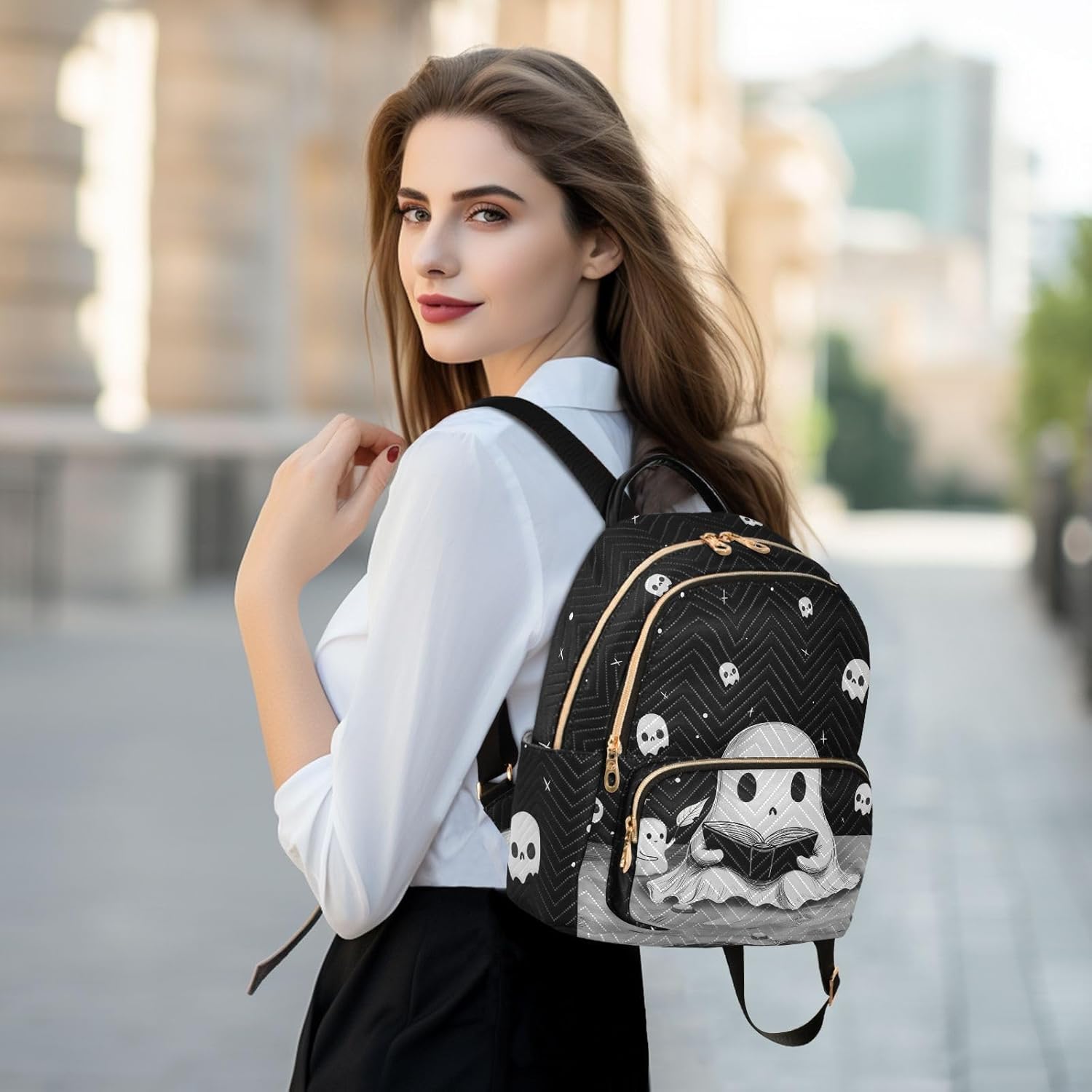 Cute Ghost Quilted Backpack Purse for Women Fashion Small Backpack Shoulder Bag Travel Casual Daypack M - Image 6