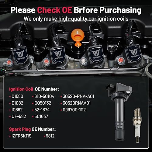 Vista 12 de BDFHYK Paquete de bobinas de encendido y bujías de iridio compatibles con Acura RSX Honda Accord Civic CR-V Element repuesto para UF583 UF311