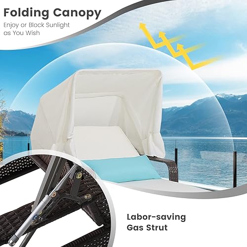 Miniatura 3 de Tangkula Juego de tumbona y mesa para exteriores con toldo plegable y reposabrazos, silla reclinable de ratán para patio con respaldo ajustable de 6