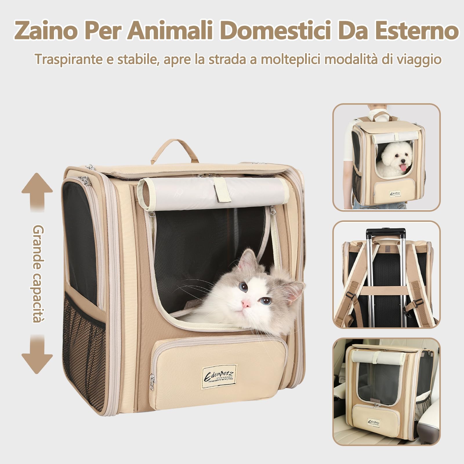 Galatée Zaino Per Animali Domestici, Borsa Portatile Per Cani e Gatti, Rete Traforata Per Traspirabilità e Dissipazione Del Calore, Realizzato In Tessuto Oxford, Pieghevole Per Riporlo (Kaki)