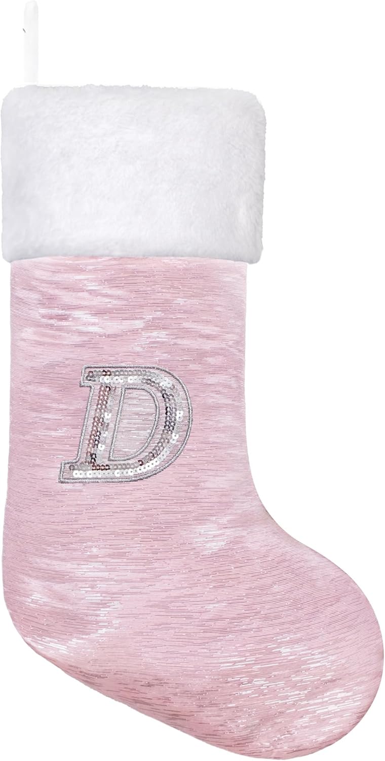 LUBOT Initial Christmas Stockings Letters Stocking Monogram Alphabet Sequin Embroidery 20" Personalized Custom Name Xmas Family Stocking Large Fireplace Decor Pink Letter D - Image 2