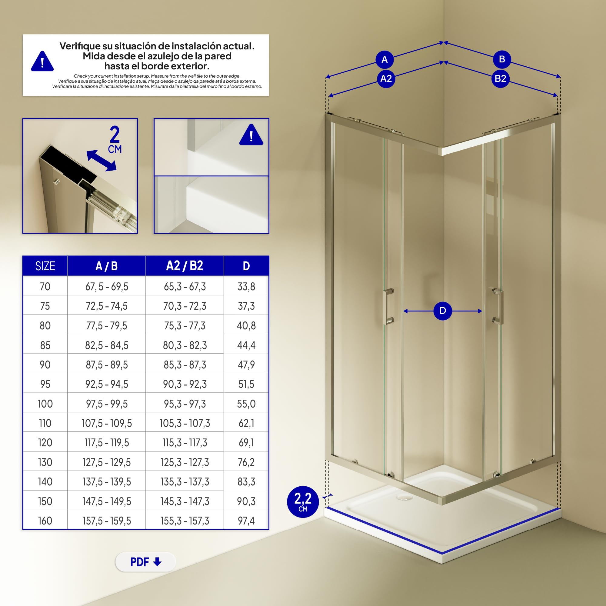Mampara de Ducha Diana 70x140x190cm, REVERSIBLE, Puertas Correderas, Ajuste 67.5-69.5x137.5-139.5cm, Perfiles Cromados, Cristal Templado Transparente 6mm