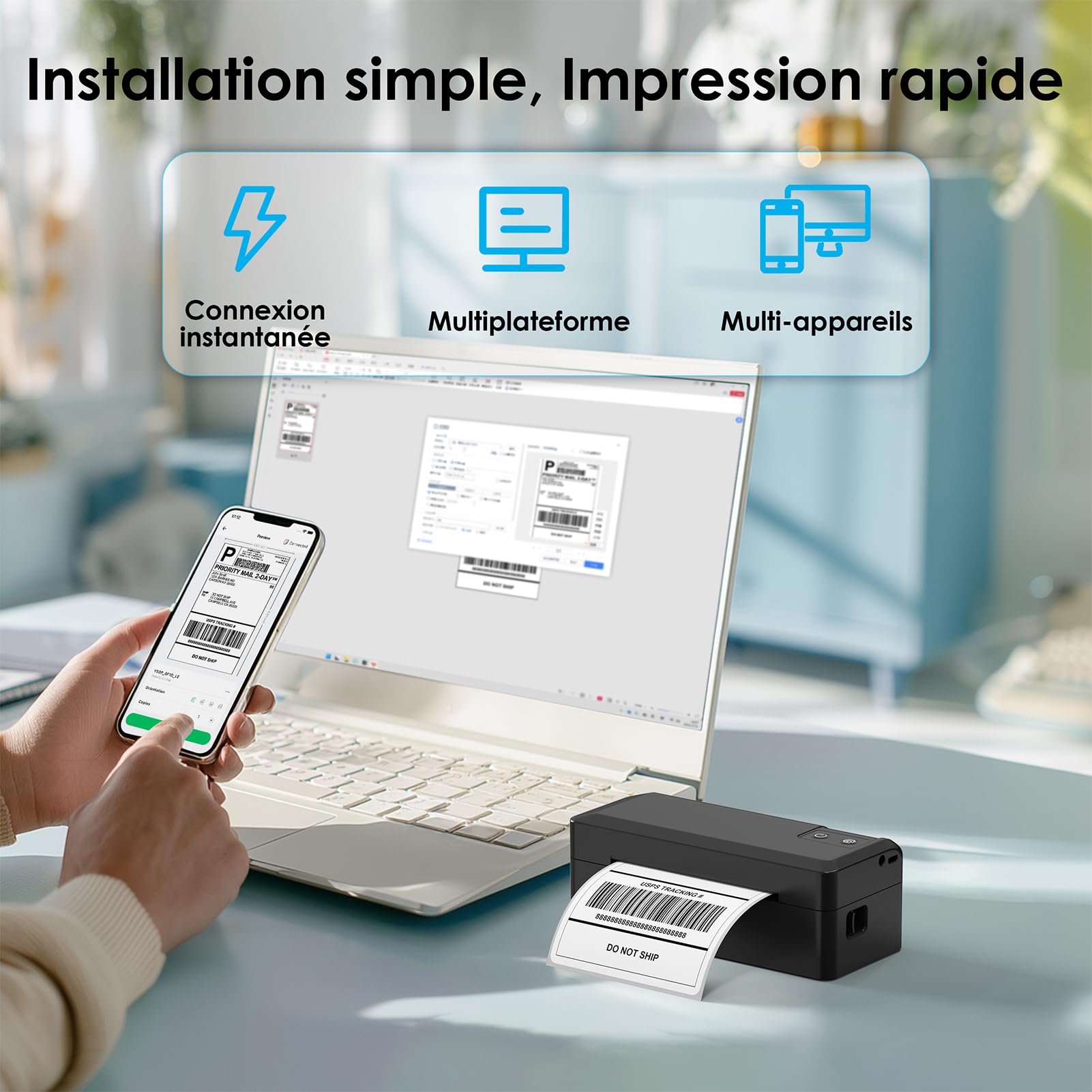 KNAON Imprimante d'étiquettes Bluetooth 4 x 6 - Imprimante thermique pour expédition Etsy, Shopify, Amazon - Noir