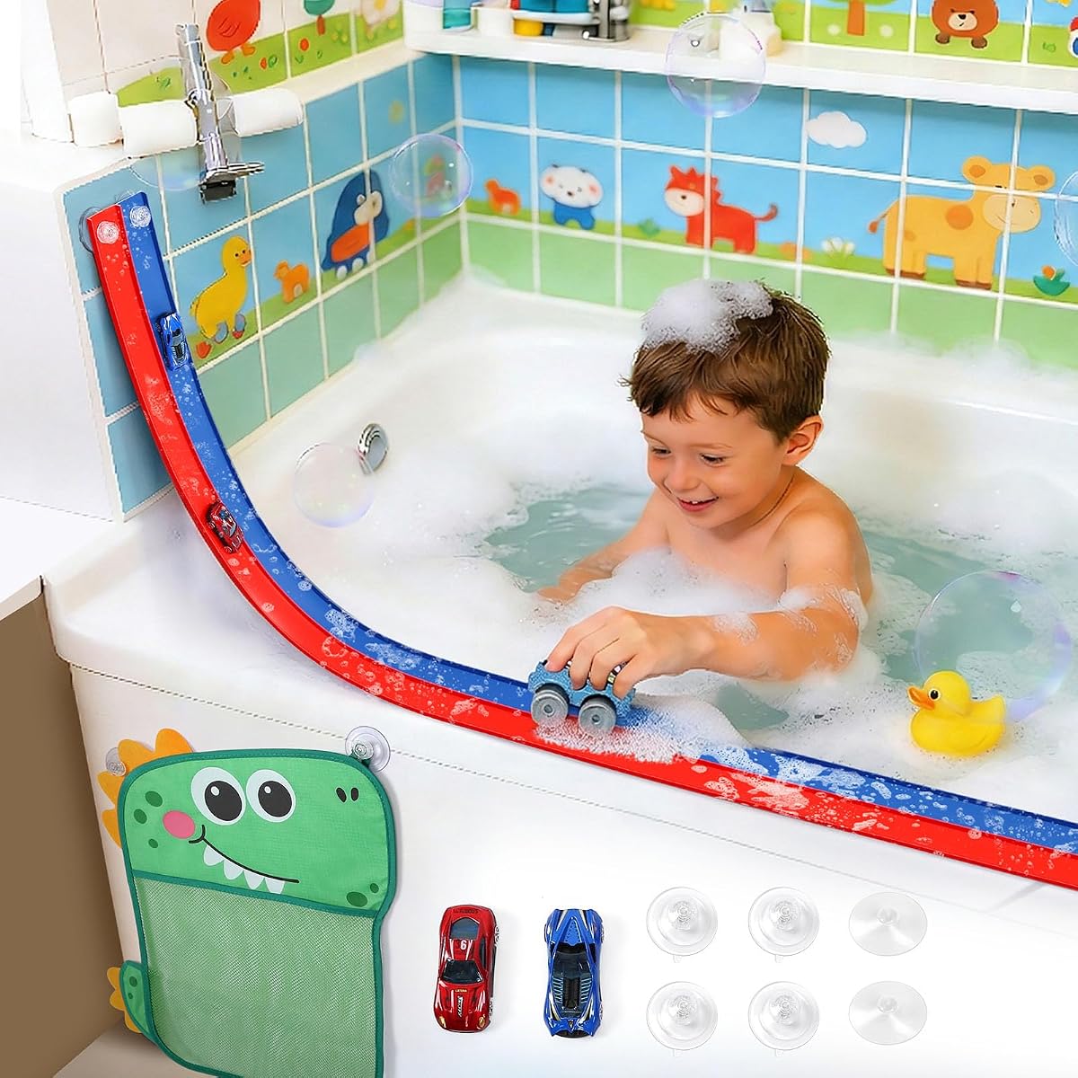 Flexible Race Car Track 6.5 Ft Starter Set with Suction Cups Diecast 1/64th Car for Ages 3 & Up Track Long Rolls Up Portable (6.5Ft Blue&Red)