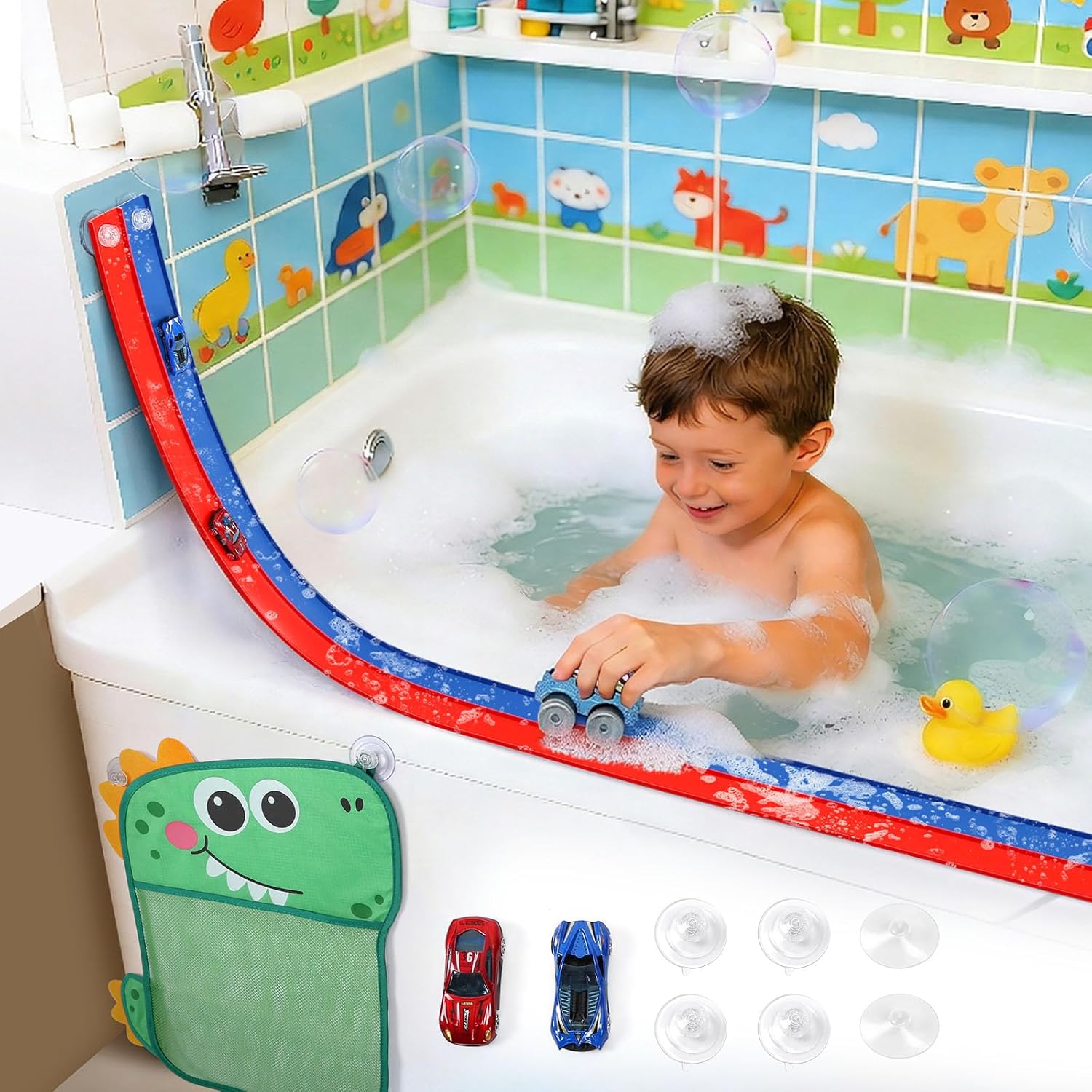 Race Car Bath Toy Set, Flex Race Track Car Set, Toddler Bath Toys, Kids Bathtub Gift,Accompanied by a mesh Storage Bag, Toy car, and Suction Cup, for Ages 3 & Up