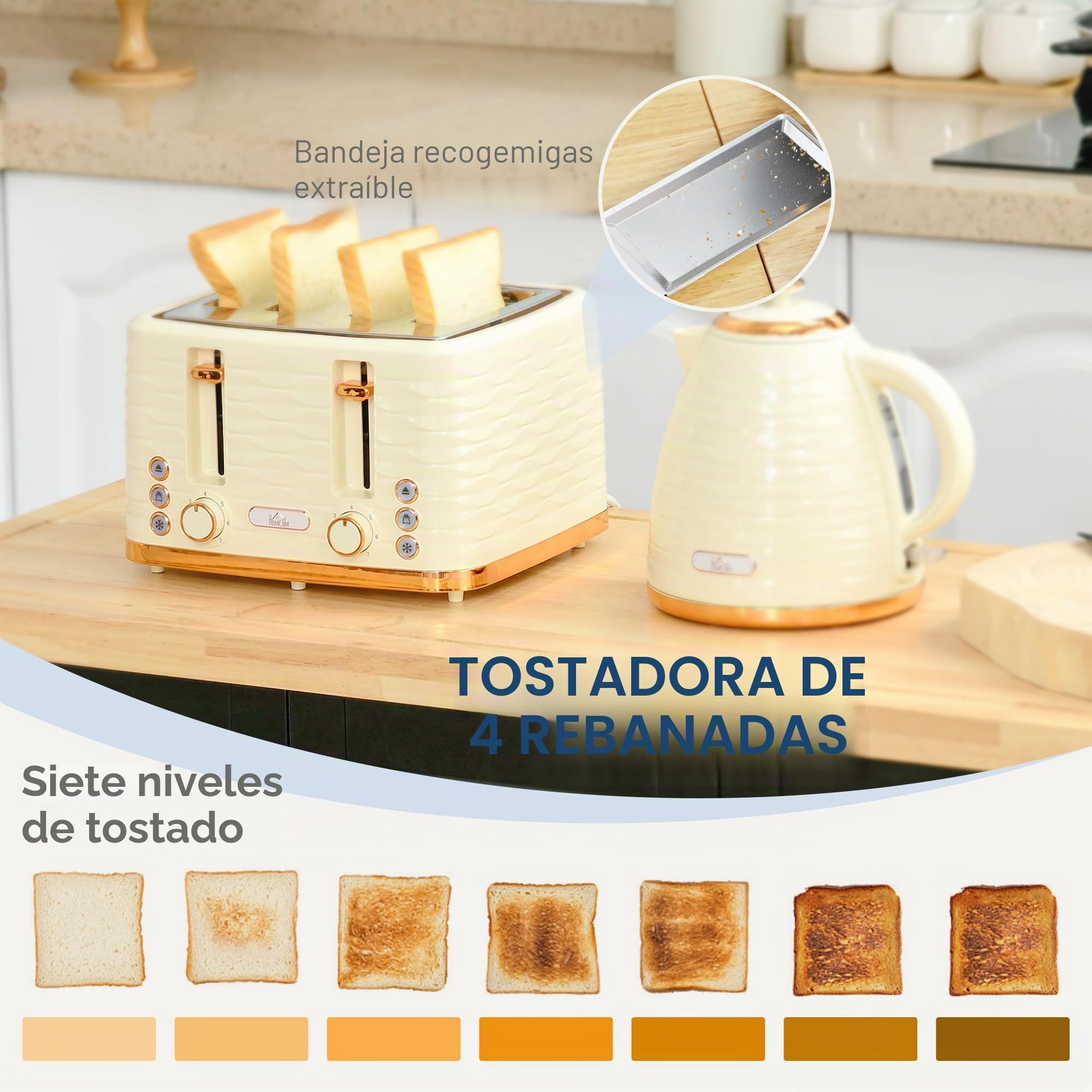 HOMCOM Juego de hervidor tostador Juego de desayuno con hervidor de 1,7 litros, tostador de 4 rebanadas, 2200 W, 7 niveles de tostado, descongelación, recalentamiento y bandeja recogemigas,