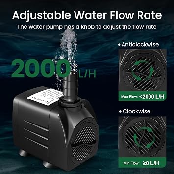Submersible Water Pump 2000L/H, Ultra Quiet Aquarium Pump for Fountains, Pool, Fish Tank, Pond, Hydroponics, Statuary, Hight Lift 2.3m, 4 Strong Suction Cups, 4 Nozzles (2000L/H 35W)