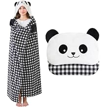 Panda Wearable Blanket Hoodie - Black & White Plaid Flannel Fleece Cape - Oversized Cute Animal Poncho, Warm Cozy Gifts Women and Teens