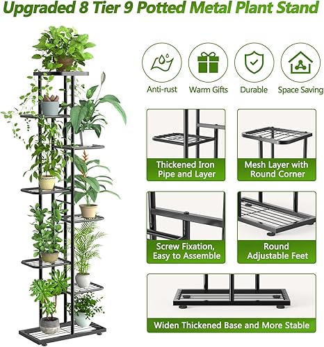 Miniatura 2 de Soporte esquinero para plantas de interior de 8 niveles y 9 macetas con herramientas y guantes de jardinería, organizador de estantes de metal alto