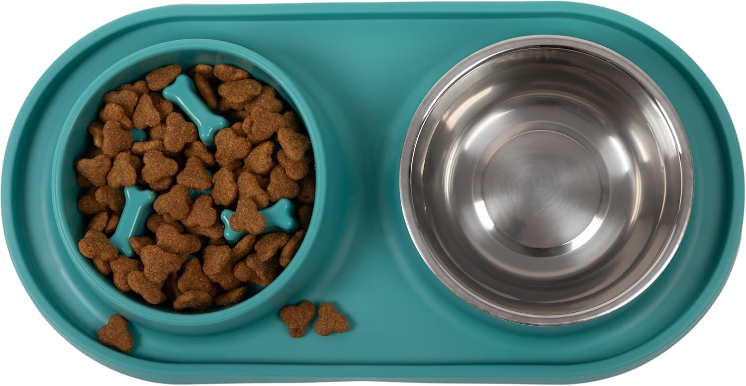Dog Feeder Anti Voracity Feeder for Anxious Puppies Double Bowl Silicone Non-Slip Anti-Spill Drinking Bowl and Slow Feeder with Obstacles