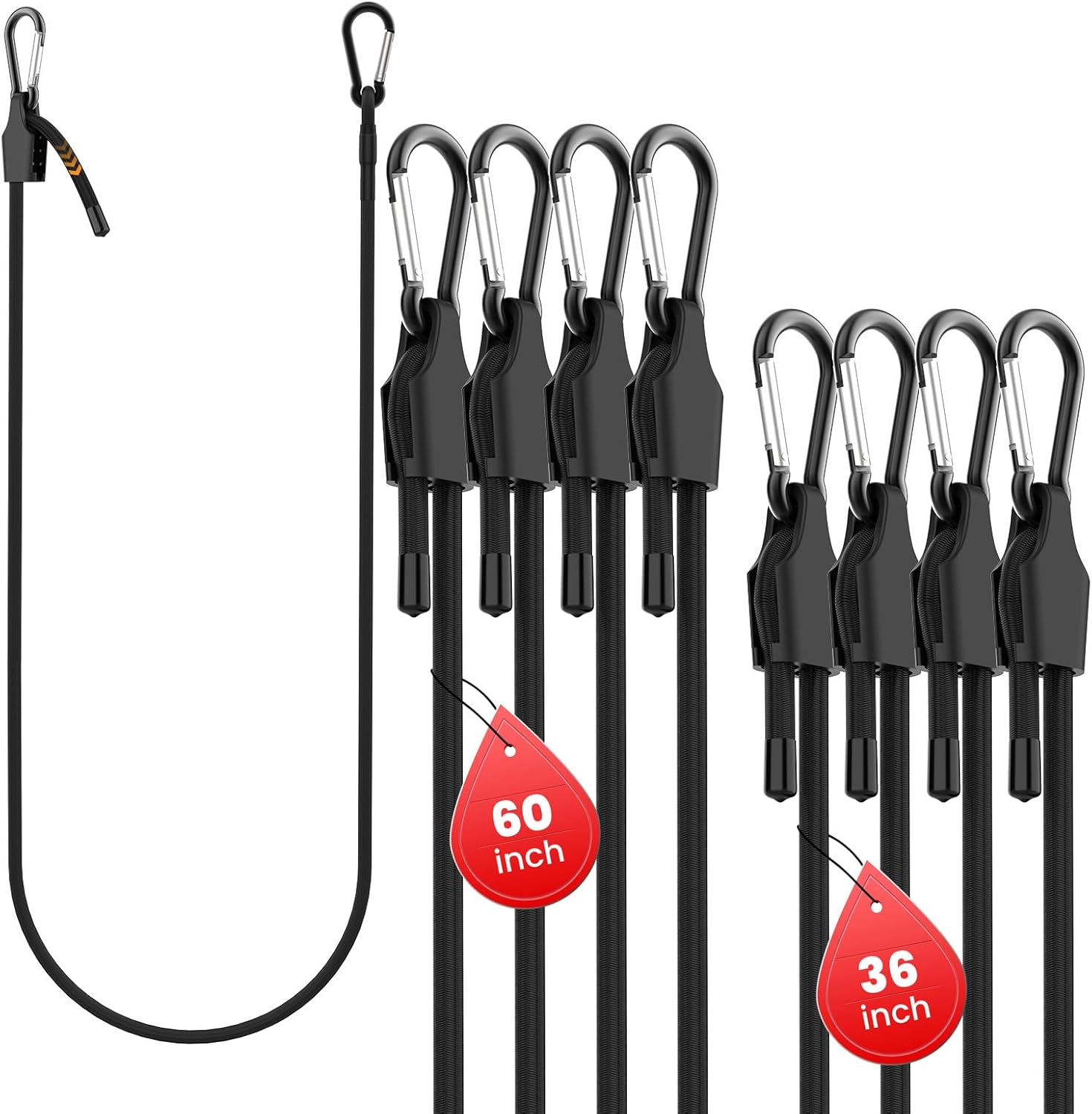 8 Pcs Adjustable Bungee Cord with Hooks 2 Sizes, 36" 60" Black Super Elastic Bungee Straps with Carabiner, Heavy Duty Outdoor Carabiner Cord for Cargo Camping Bike Racks Tents