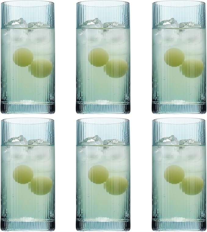 Physkoa Colored Ribbed Drinking Glasses Set of 6 - Vintage Highball Glasses Colorful,Embossed Ribbed Design Tumbler Glass for Cocktail,Juice,Mixed Drinks,Water,Holiday Party Supplies Gifts
