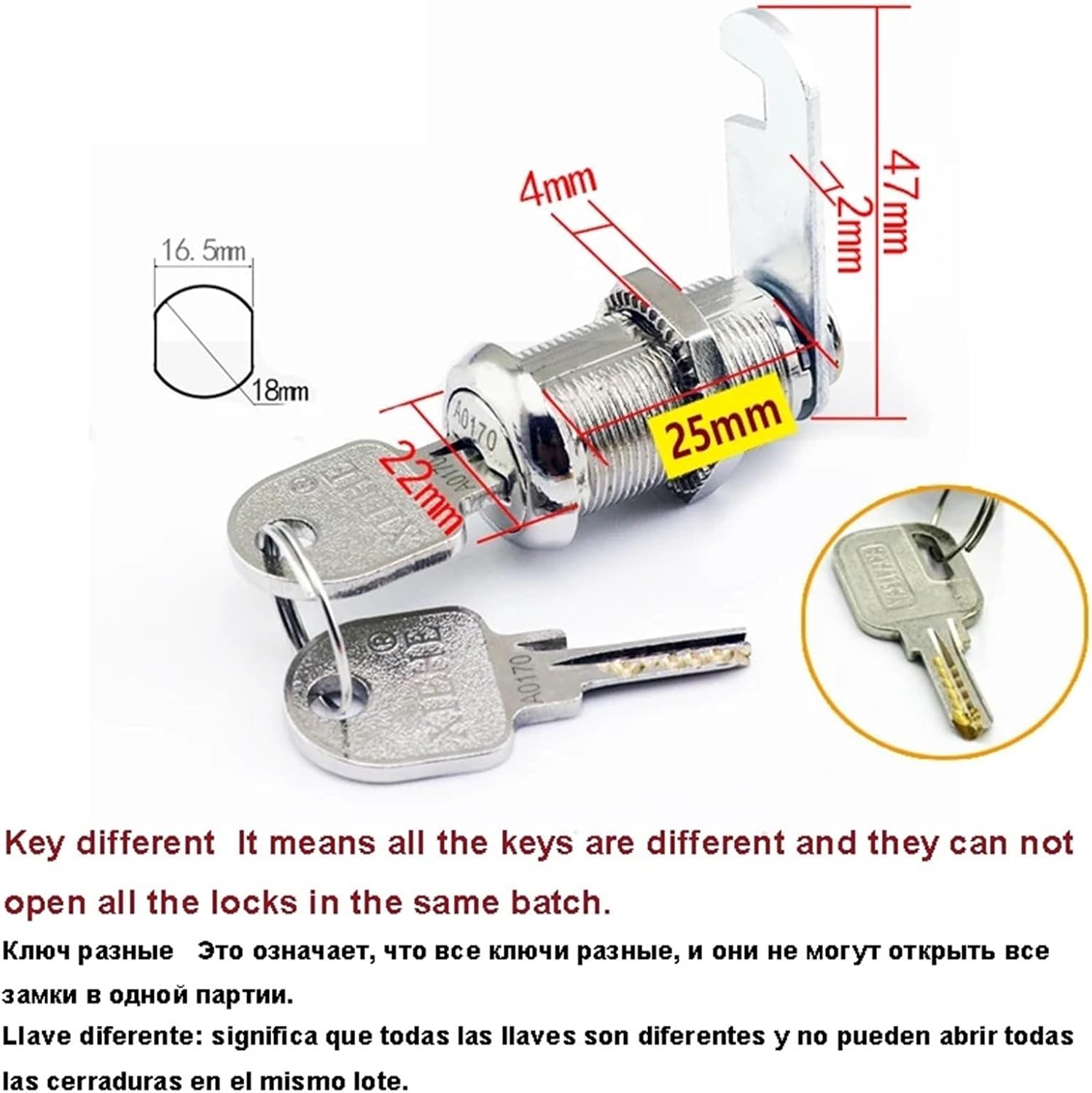 Cam Lock for Locker Office Drawer Hardware Security DIY MS486 I 1Pcs(Key Different 25mm)