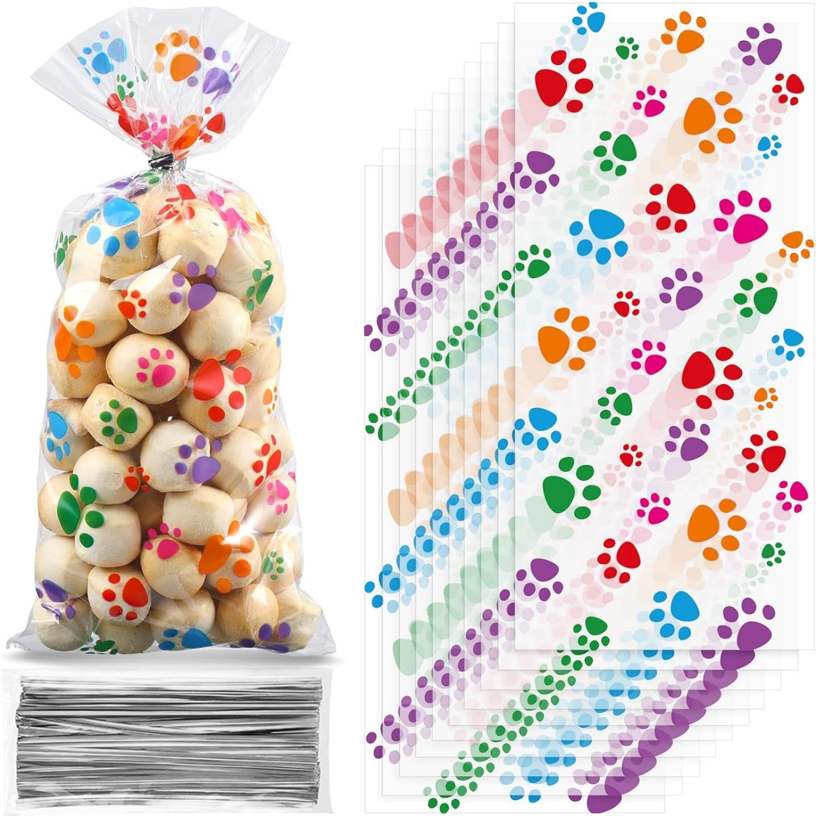 Blulu 200 Pcs Dog Treat Bags Pet Paw Cellophane Bags Dog Party Favor Heat Sealable Treat Paw Gift Cat Candy Bag with 200 Pcs Silver Twist Ties for Pet