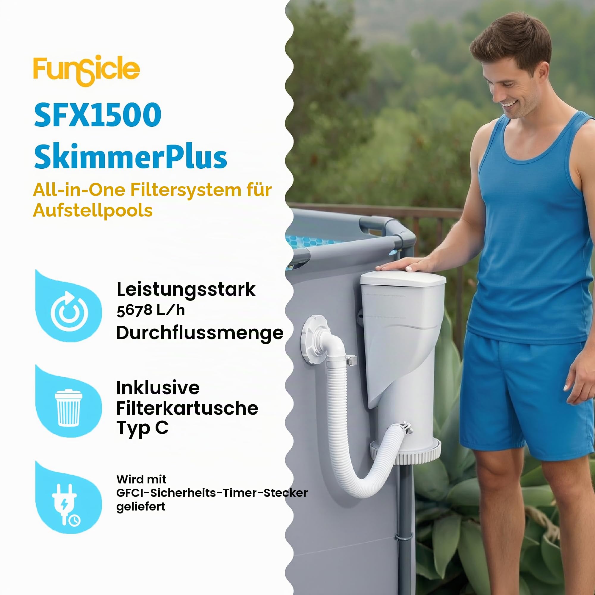 Funsicle SkimmerPlus 1.500 GPH 2-in-1 Filterpumpe und Skimmersystem für oberirdische Schwimmbäder - Poolreinigung und -wartung