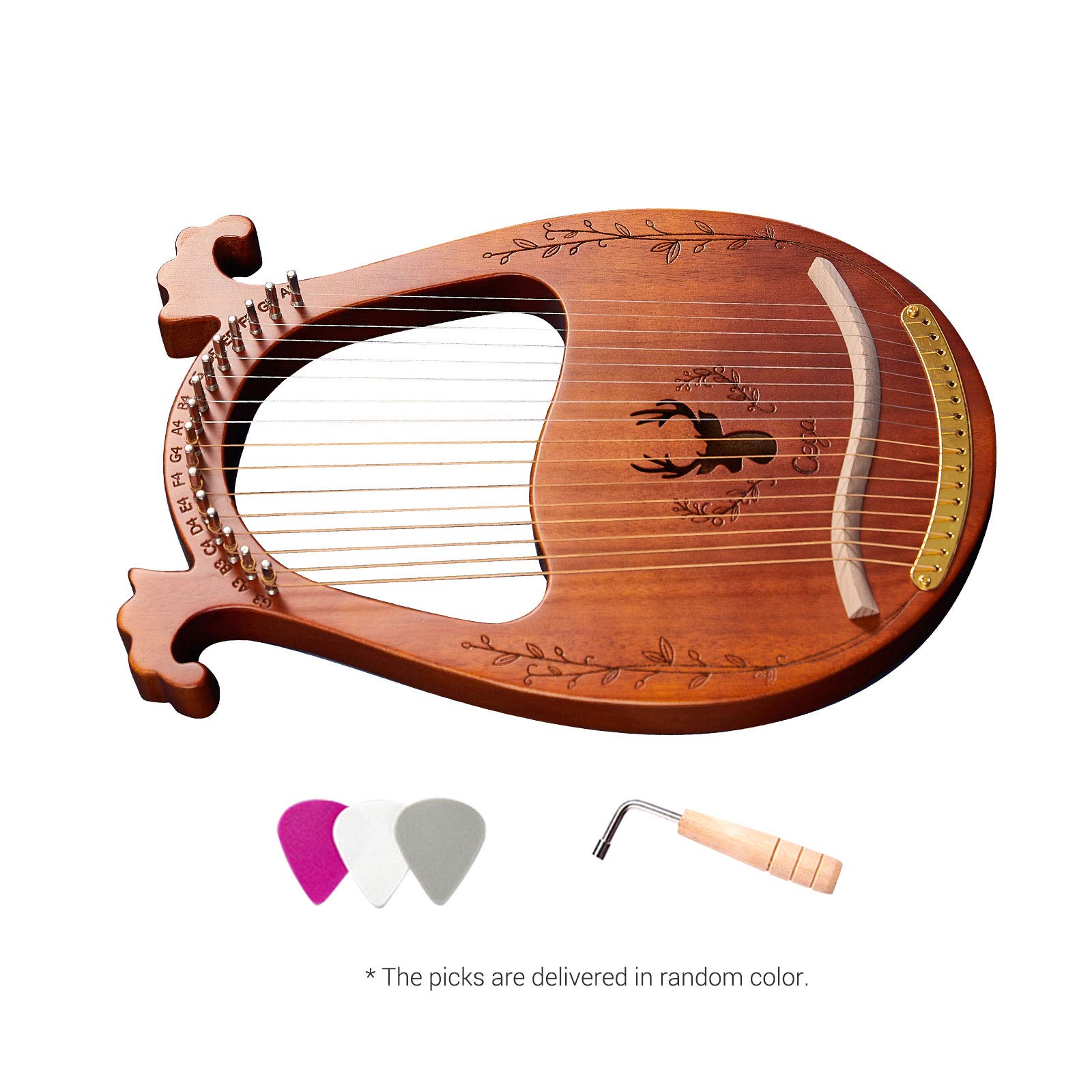 Lyre Harp 16 Cordes Métalliques, Selle en érable, Corps en Acajou, 3 Couleurs en Option avec Icône en Bois (Café)