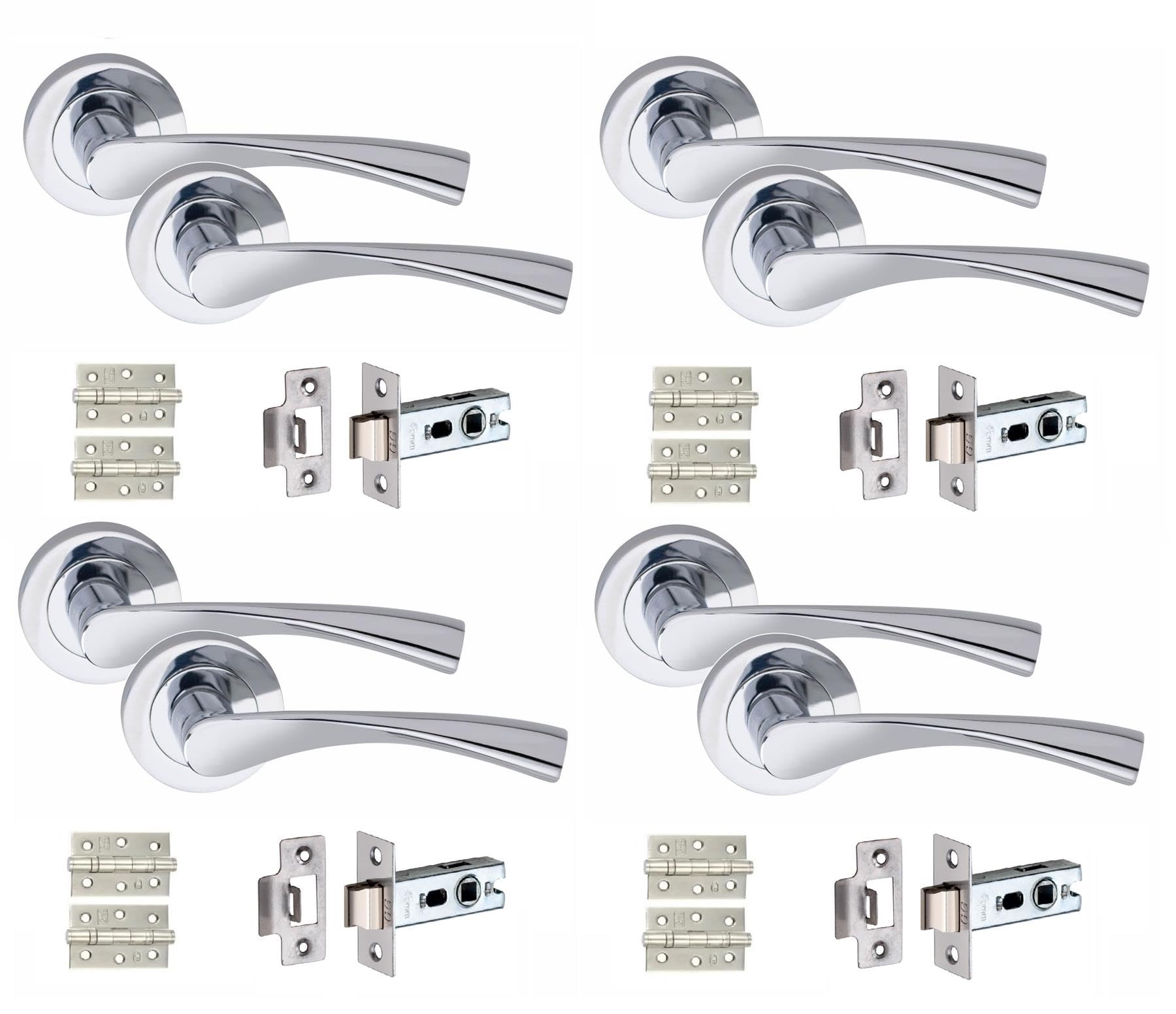 Golden Grace 4 Set Astrid Design Door Handles with Tubular Latch and 1 Pair of 3" Ball Bearing Hinges Polished Chrome Finish