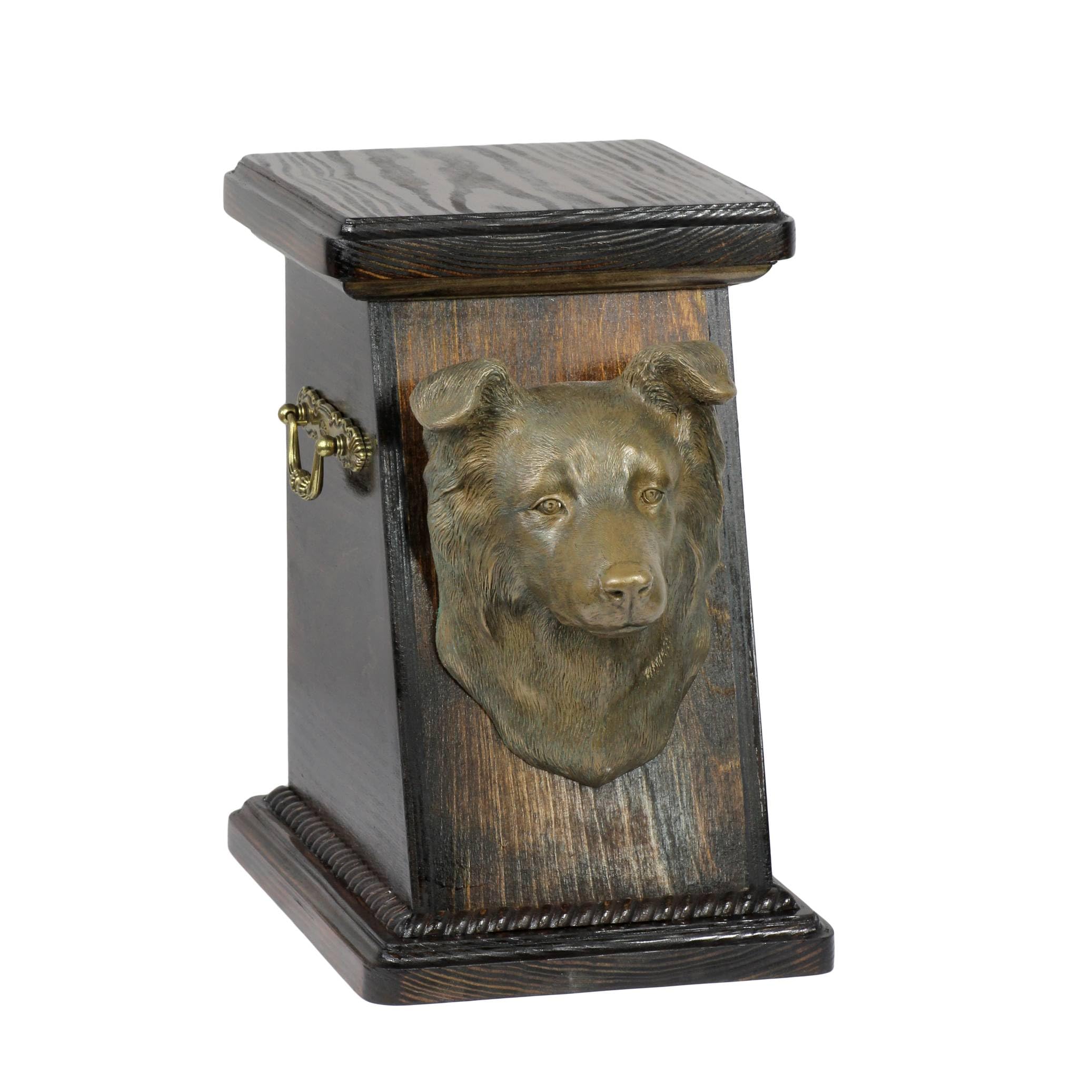 Urne pour cendres de Border Collie en bronze fait main et bouleau