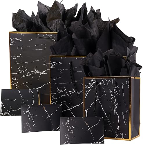 Vista 8 de ysmile Marble Black 12" Bolsa de regalo premium de mármol negro con papel de seda para cumpleaños, aniversario, día del Padre