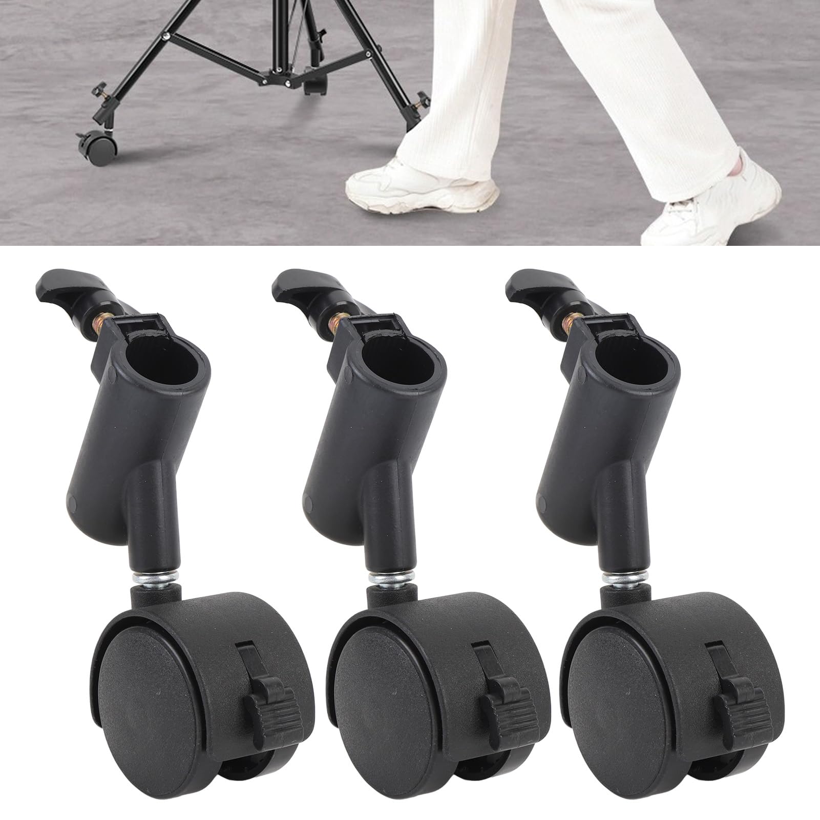 Ruedas de Soporte de Luz Silenciosas Giratorias de 360°, Paquete de 3 Ruedas Giratorias para Trípode con Freno, Fácil de Instalar para Estudio, para Mesas, Gabinetes, Hechas de