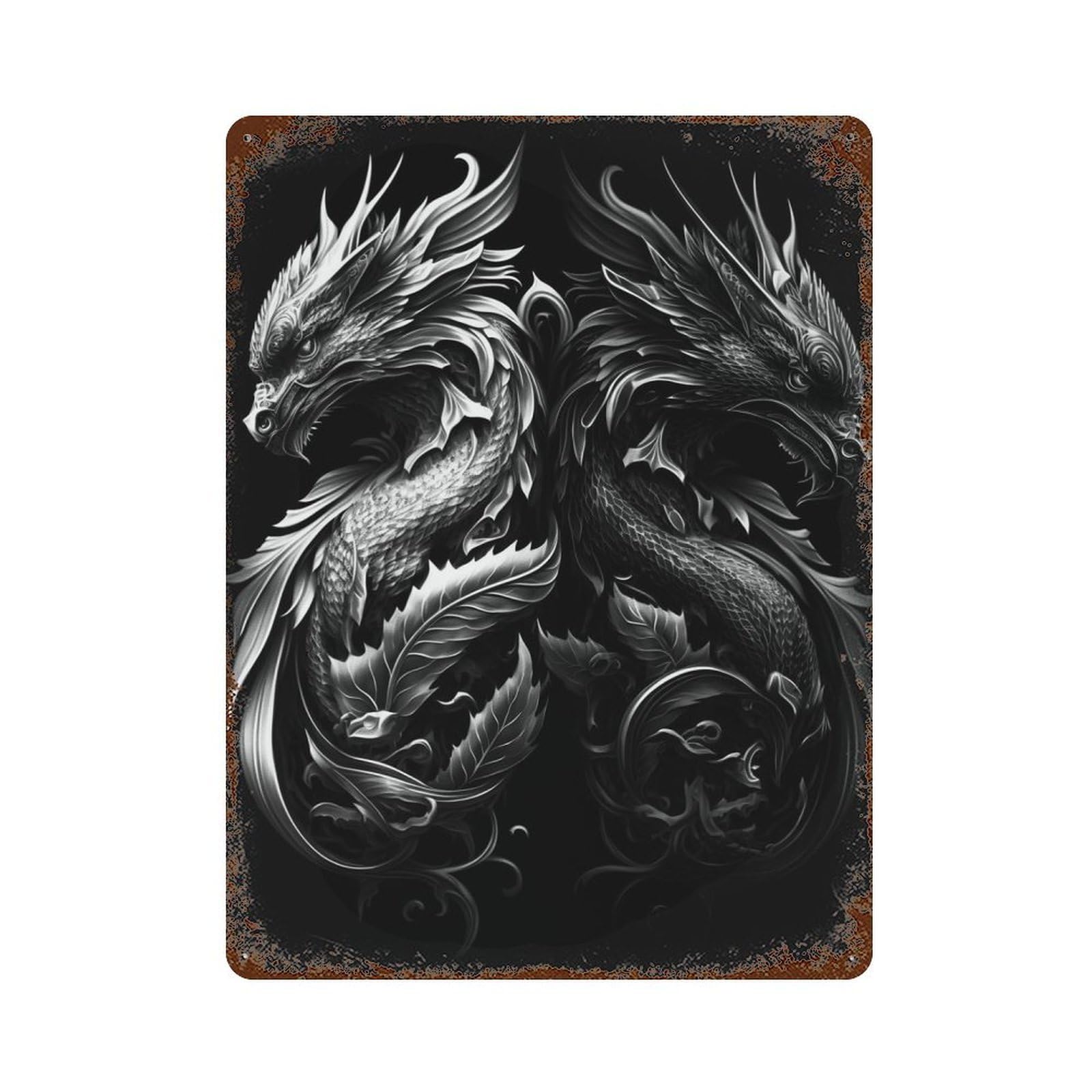Garage Style Black White Dragon Decorative Tin Sign 15.7"x11.8", Farmhouse Wall Decor for Bar And Workshop