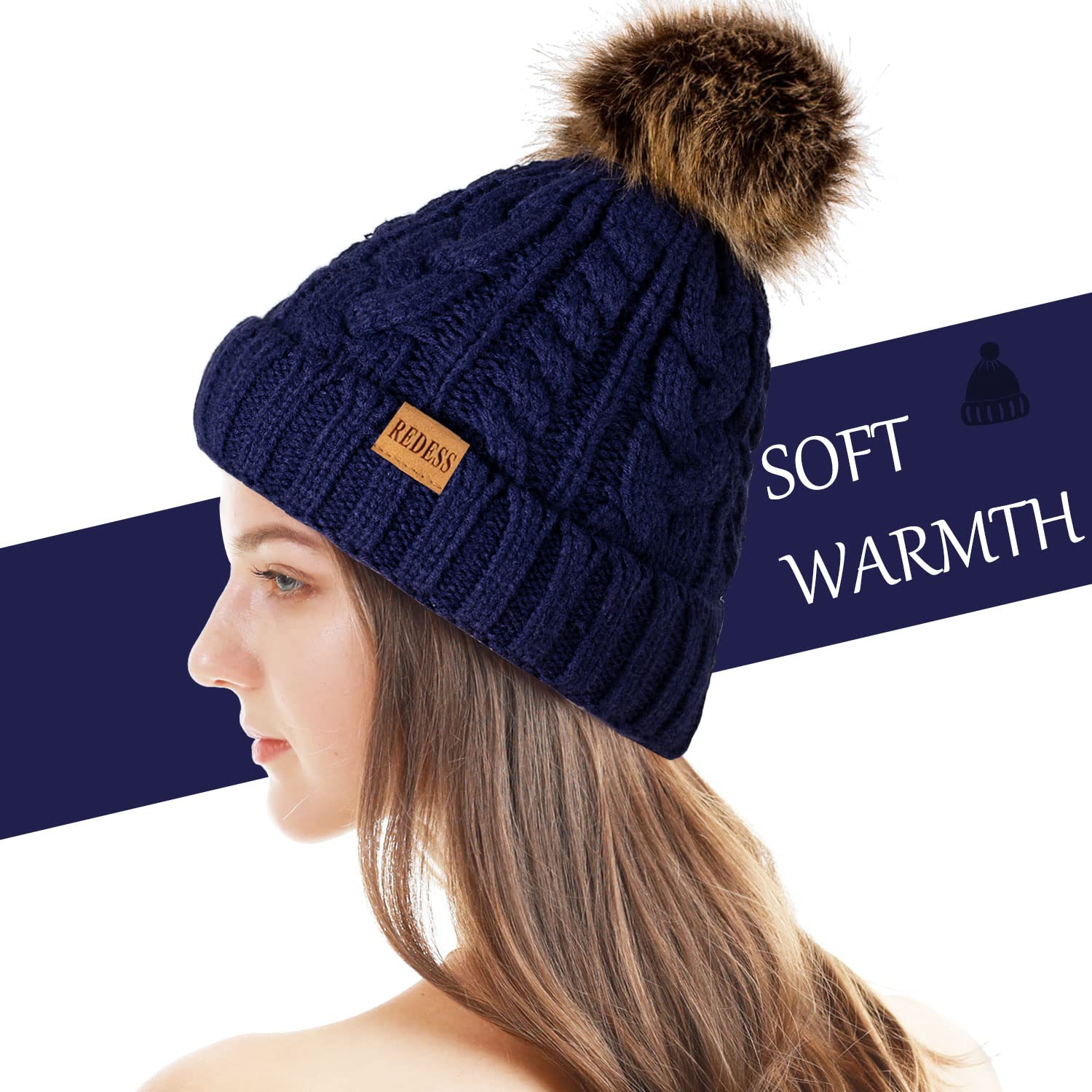 REDESS Cappello Invernale da Donna con Pom Pom Beanie Caldo Foderato in Pile Spesso Slouchy Snow Knit Chunky Baggy Skull Berretto da Sci