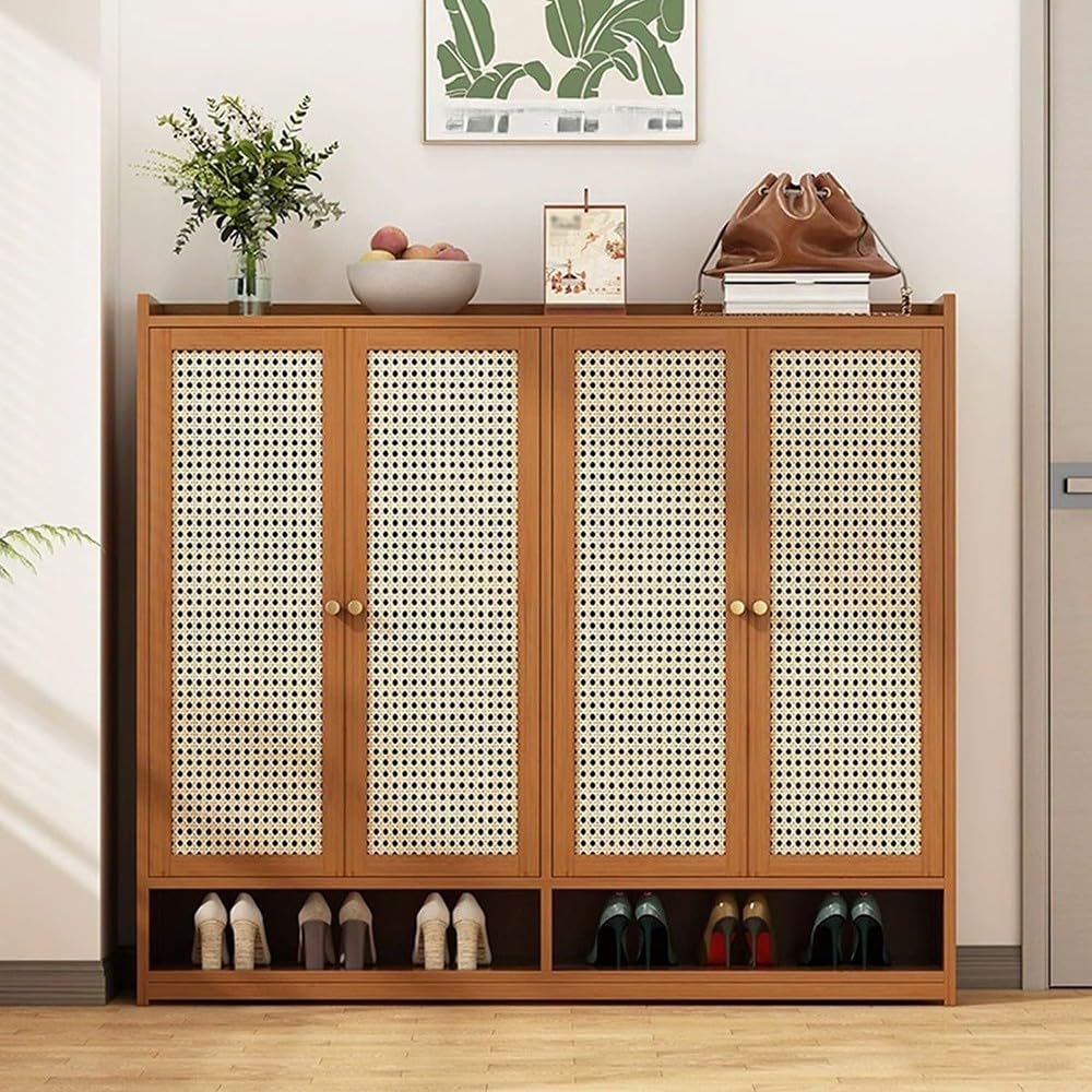 Schuhschrank aus Bambus mit 4 Rattantüren - 7 Ebenen Freistehendes Schuhregal mit Füßen, 120cm Breit - Moderner Schrank-Organizer für Flur und Wohnzimmer