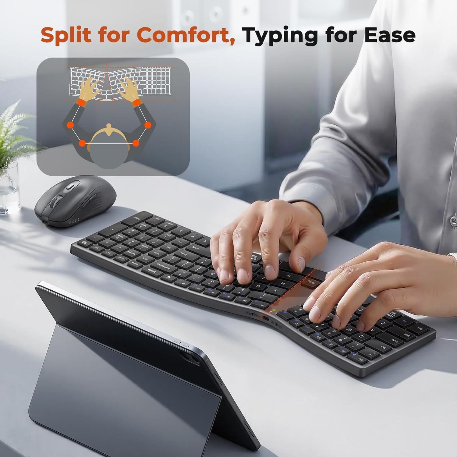 MEETION New Ergonomic Keyboard and Mouse, Director Q Split S-Curve Design, 2.4G Wireless & Dual Bluetooth, Slim Low-Profile Keys 4 DPI Mouse Rechargeable Full Size for Windows Mac PC Laptop Computer